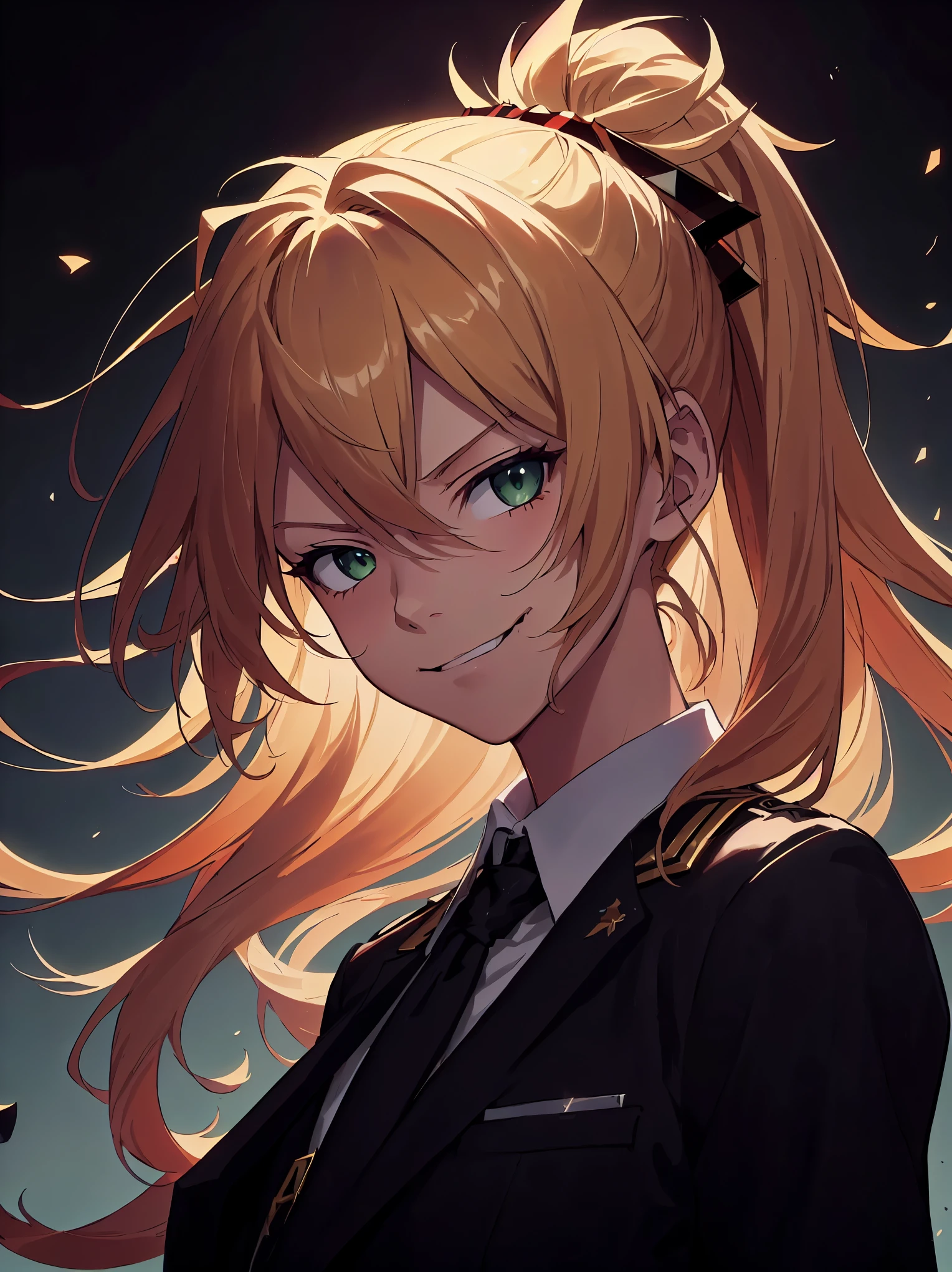 masterpiece, best quality, (detailed anime, video game art, extremely detailed CG unity 8k wallpaper), (best quality), (best illustration), (best shadow), absurdres, realistic lighting, (Abyss), beautiful detailed glow, (anime, solo, 1girl, , portrait:1.22), (mordred:0.89), female, feminine, flirty eyes, blonde hair, green eyes, ponytail, tomboy, long hair, (dynamic pose, attack stance, valkyrie, smirk:1.09), (looking at viewer, messy hair, royalty warrior, soldier, vicious expression, smirk, head tilt:1.22), cocky, death glare, kubrick stare, perspective view, suit and tie, overcoat, black suit, belt, spotlight, dark theme, (villain pose:0.99), head back