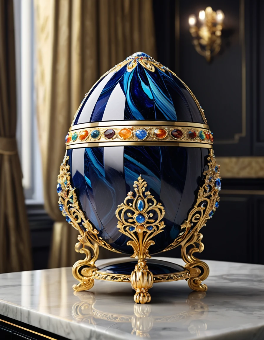 Full shot of an eliptical object (Faberge Egg, mix of Memory of Azov and Rosebud) with a highly detailed and intricate surface. The object is made of materials that resemble jewelry, marble or a similar type of stone and gemstone, with a variety of vibrant colors and patterns that include shades of yellow, orange, red and blue, decorated in gold. The patterns are reminiscent of natural gemstones and marble, with swirling and striated patterns that give the object a luxurious and opulent look.The object is placed on a pedestal that has a decorative base, a rare piece of art. The pedestal made in ebony wood has a rich, dark color pattern. Soft and diffused lighting, highlighting the textures and colors of the object without creating harsh shadows. Luxurious living rooms in the background, sharp focus.Overall, the image presents a beautifully crafted piece that combines the natural beauty of jewelry and marble with the elegance of a luxury decorative object. Hyper-maximalist, raw photography, ultra-detailed photorealistic textures, artistic bokeh, featured on pixiv, cinematic composition, dynamic pose, beautiful lighting, sharp, details, hyper-detailed, Sony/Zeiss 90mm,f2.8,shutter speed of 1/500s,WLOP,HDR,8k,vray