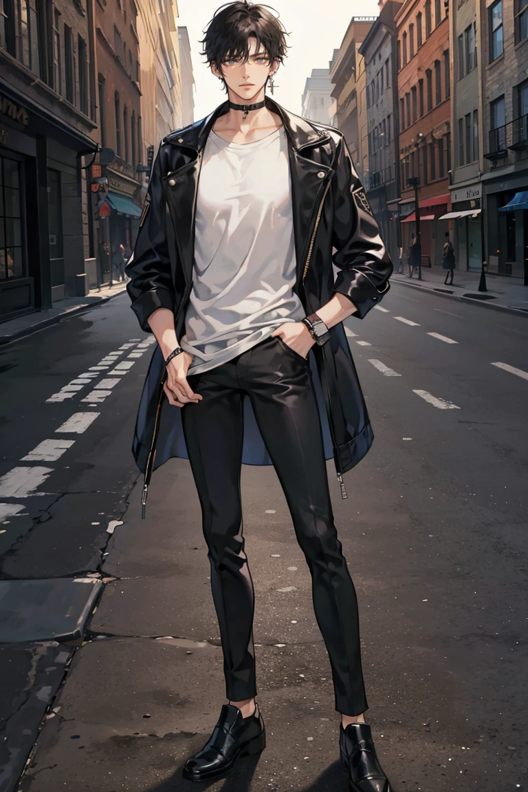 anime - (masterpiece), best quality, seductive eyes, perfect face, handsome man, short messy black hair, long nose, tan brown skin, plain black t-shirt, black leather jacket, black pants, silver watch, black sunglasses, extremely tall man, long legs, long calves, full body, tall man, long legs, anime cover, 1boy, ear piercings, hands in pockets, adult-like look, bad boy