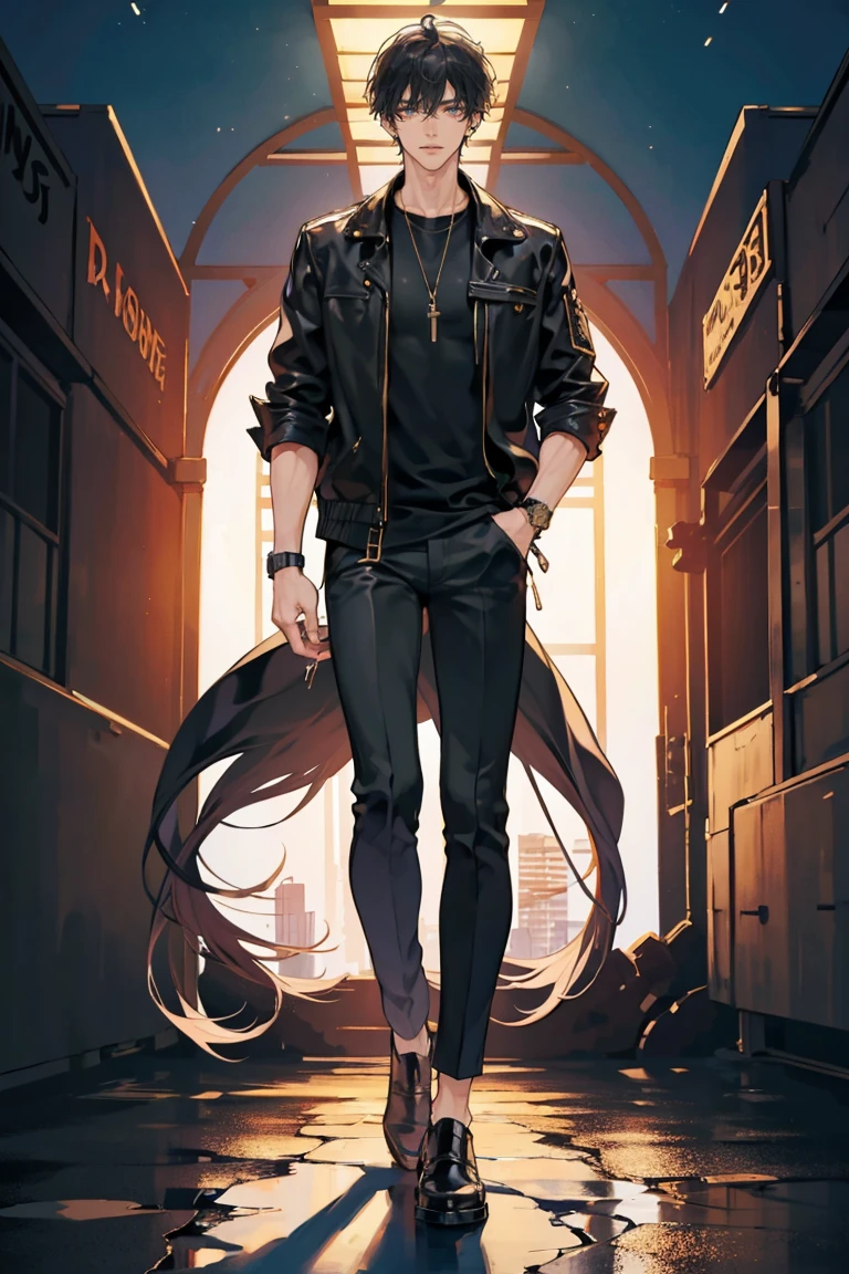 anime - (masterpiece), best quality, seductive eyes, perfect face, handsome man, short messy black hair, long nose, tan brown skin, plain black t-shirt, black leather jacket, black pants, silver watch, black sunglasses, extremely tall man, long legs, long calves, full body, tall man, long legs, anime cover, 1boy, ear piercings, hands in pockets, adult-like look, bad boy