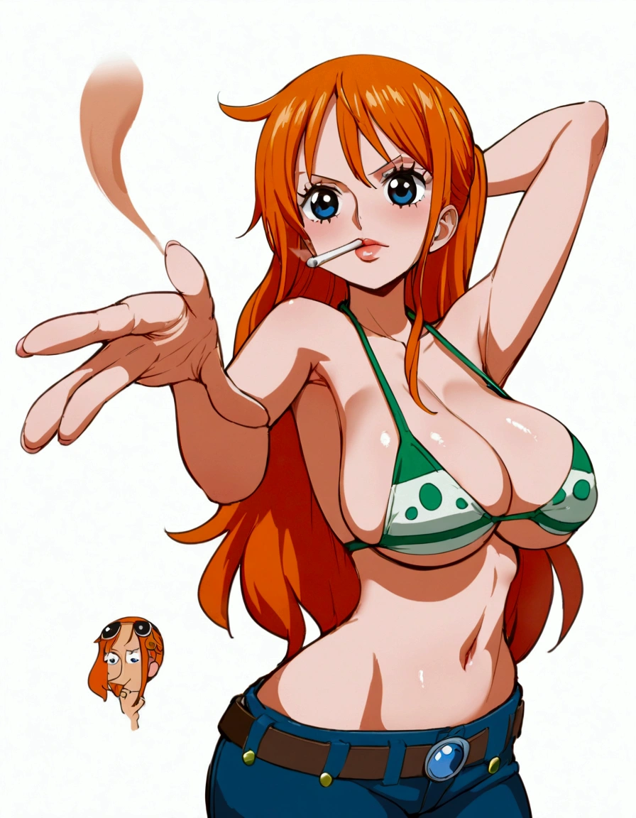 a cartoon picture of a woman in a bikini top and jeans, nami one piece, nami from one piece, nami, beautiful portrait of nami, from one piece, oppai, blue eyes, smoking, ponytail, nsfw