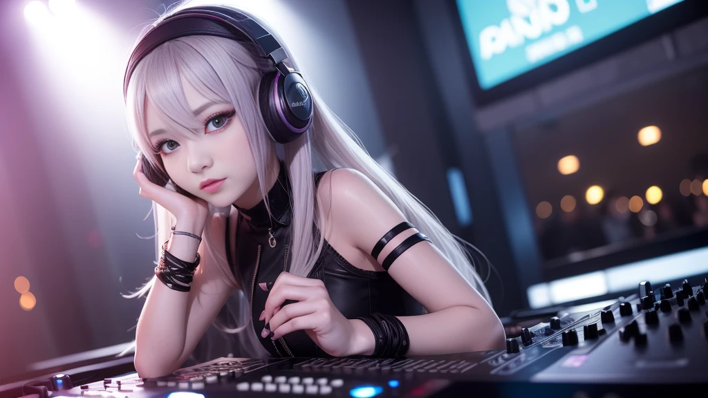 (A photo of a beautiful girl in fashionable casual clothes wearing headphones and singing into a recording microphone in a recording studio was posted on social media.) (The beautiful girl is 17 years old, 18% Japanese, 26% French, and 56% Ukrainian, 178 cm tall, small bust but stylish, with a beautiful, well-balanced figure.) (Her hair is pink ash gray and super long, tied in twin tails with black ribbons, and curls in a spiral toward the tip.) (Her eyebrows are the same color as her hair, thin, slightly thick and short, and her eyelashes are long.) (Her large blue eyes reflect the light of the lighting and are amazingly beautiful like pearls.) (Her nose is high like an English person, her lips are plump and shaped so that you want to kiss them, her skin is translucent white, and the balance between her head and face is in line with traditional Japanese aesthetics.) Her hands should have five fingers. Furthermore, even her nails are drawn very delicately. (Single, Masterpiece, Ultra Detailed, Highest Quality, Artistic Composition, Ultra Precision, Realistic, Photorealistic, High Resolution, Dynamic Lighting Effects, Golden Ratio, Surreal). Try your best to meet all these criteria.