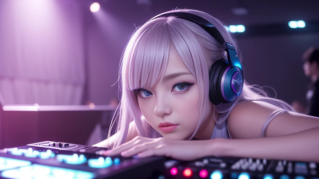 Alafed woman in DJ venue wearing headphones, ((A look tinged with joy,Ephemeral woman)),nightcore, With headphones, Kantai Collection Style, Soft lighting, with head phones, DJ female, anime moe art style,I am a DJ,((They are very focused:1.5)),,slim figure,extremely detailed eye and face、beatiful detailed eyes,Beautiful skins,finely detail、smooth hair,detailed hairs,Very fine hairs,Cool color makeup,Lowered eyebrows、Whitening effect,thin and thin eyebrowilky skin,DJs concentrate on the venue,(A scene from the venue),((The gaze is looking at the venue)),The DJ machine is exquisitely operated