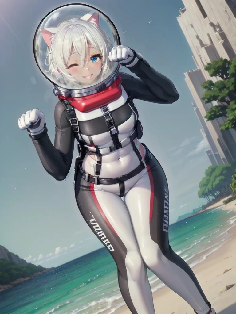 Highly detailed CG, 8k_wallpaper, top quality, masterpiece, higher eyes and nose, very delicate and beautiful, beautiful, detailed, very detailed, intricate, photorealistic, very detailed, (blue eyes: 1), (beautiful hands) , (beautiful fingers ), , (flat chest1.5), necklace (water:1.3), beach, (abs:1.3), (messy hair:1.5), (leaning forward:1), staring audience, (smile:1.3), (one eye closed:1.2), (sweating), (beautiful toes), (6 years old:1.5), (1female), (ash white hair:1.5),(middle hair:1 ), (dark skin: 1.4), (thigh girth: 1.3), beautiful, narrow waist, white thigh highs, skin curve, narrow waist, thighs, wide hips, eyeliner, eyelashes, perfect face, detailed eyes, (dark skin : 1.5),,,swimsuit, space helmet, CAT EARS, bubble helmet, eva helmet, WHITE BODYSUIT, FROM BELOW, (PAW POSE:1.5)