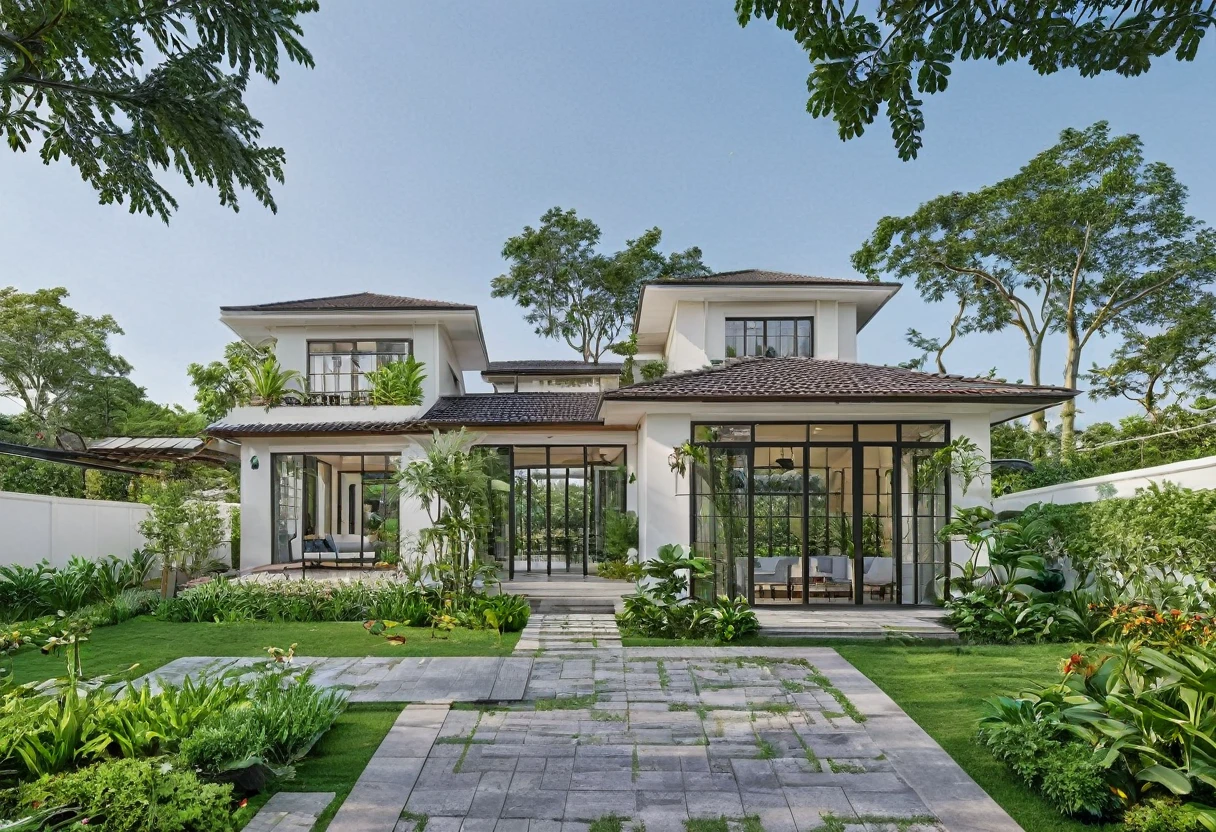A highly detailed, high-resolution render of a indochine villa garden house with a width of 7 meters, 1 story. The house features a sloped roof with a white facade and black-framed windows, similar to the provided image. The front yard includes a well-maintained lawn with some greenery and a small porch area with outdoor furniture. Add a stylish fence surrounding the property and an elegant gate at the entrance. Ensure the overall scene captures the serenity and simplicity of the garden house, with emphasis on the clean architectural lines and the harmonious integration with the surrounding garden. The image should be sharp, with a clear depth of field (DOF) to emphasize the details of the house's exterior and the garden elements.