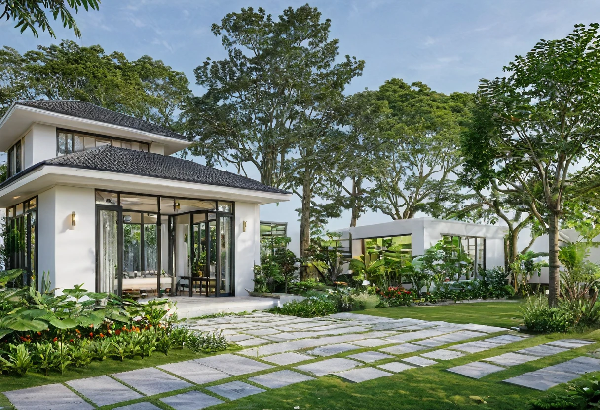 A highly detailed, high-resolution render of a indochine villa garden house with a width of 7 meters, 1 story. The house features a sloped roof with a white facade and black-framed windows, similar to the provided image. The front yard includes a well-maintained lawn with some greenery and a small porch area with outdoor furniture. Add a stylish fence surrounding the property and an elegant gate at the entrance. Ensure the overall scene captures the serenity and simplicity of the garden house, with emphasis on the clean architectural lines and the harmonious integration with the surrounding garden. The image should be sharp, with a clear depth of field (DOF) to emphasize the details of the house's exterior and the garden elements.
