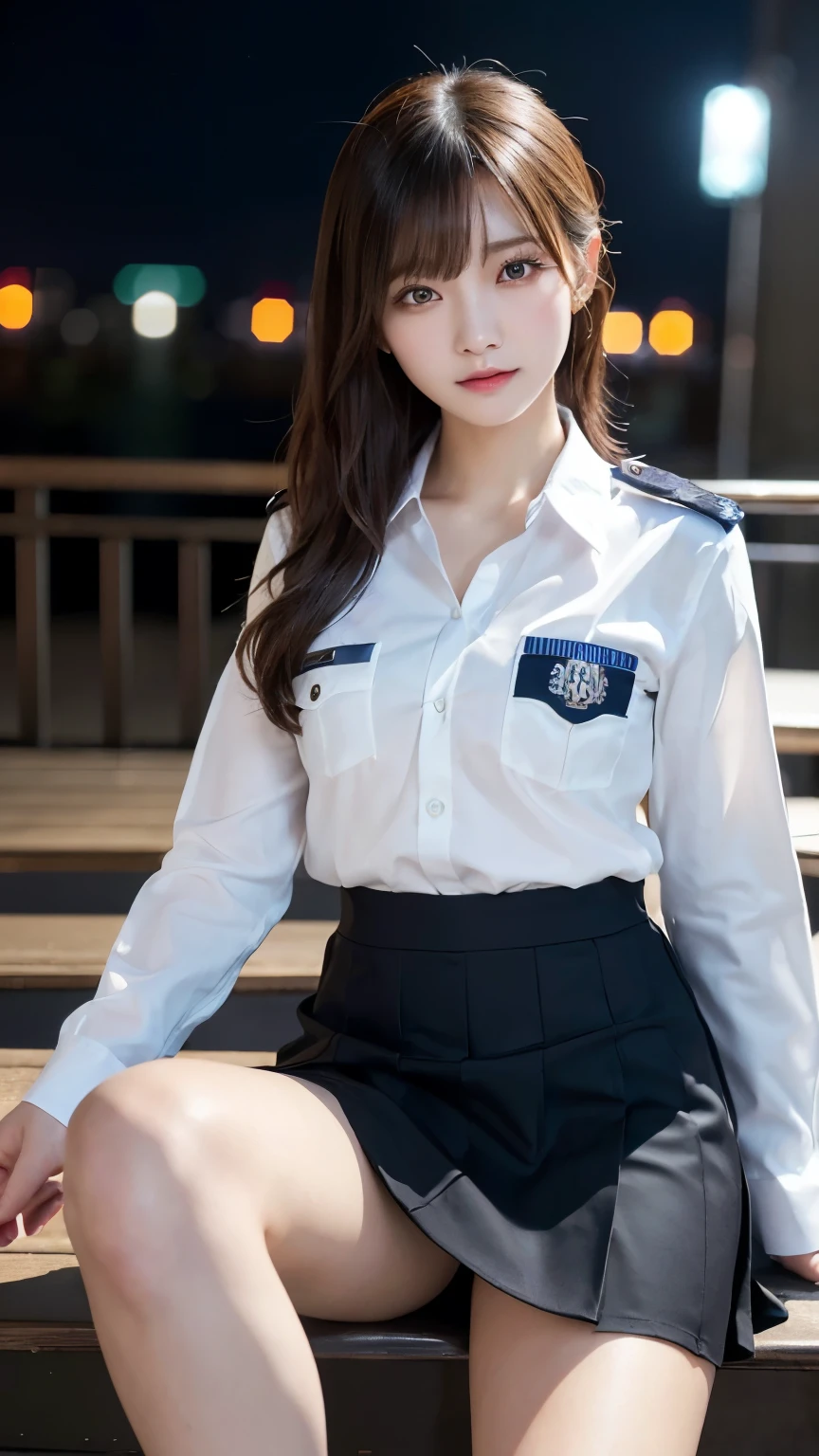 An innocent 20-year-old girl、((Japanese Police Officer, Sexy police uniform, skirt, Cute and elegant, Dramatic Pose)),smile,Night city background,shortcut、RAW Photos, (8K、Highest quality、masterpiece:1.2)、(Intricate details:1.4)、(Photorealistic:1.4)、Octane Rendering、Complex 3D rendering with ultra-detail, Studio Soft Light, Rim Light, Vivid details, Super Detail, Realistic skin texture, Detailed aspect, Beautiful details in the eyes, Highly detailed CG Unity 16k wallpaper, compensate, (Detailed Background:1.2), Glowing Skin, whole body,Put your hands down、Spread your legs and show me your panties,Sit on a bench