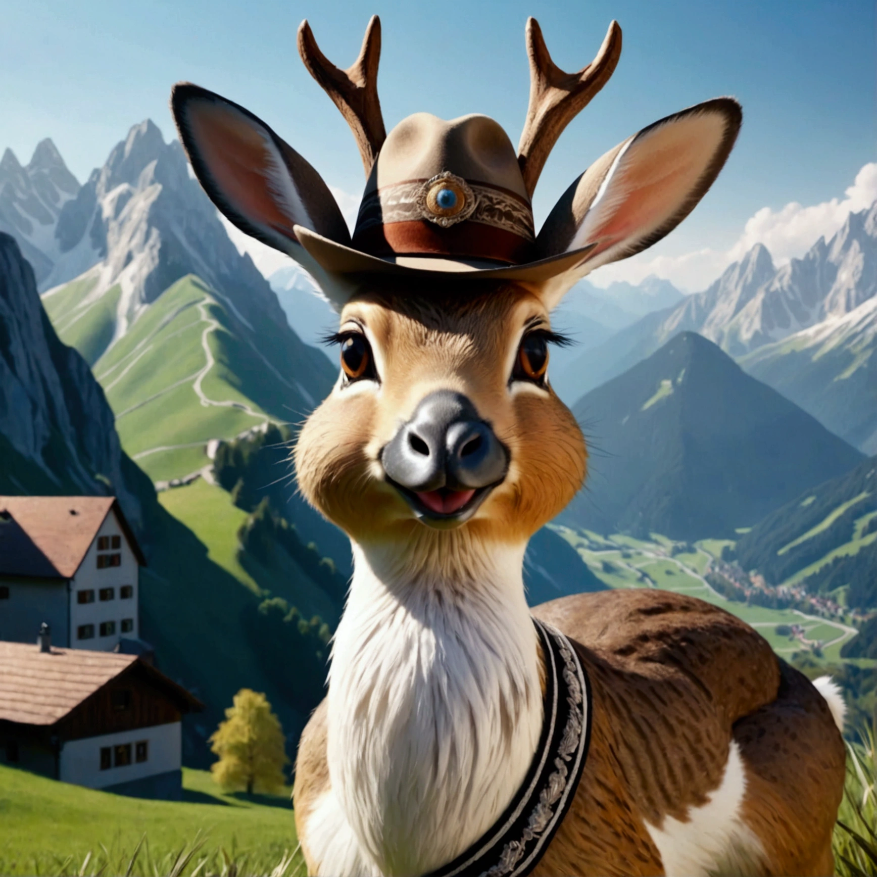 A detailed, hyperrealistic 4K of a Bavarian Wilpertinger from a duck, A rabbit, and a deer, with Tyrolean hat, with sharp edges, in a mountain landscape in the background