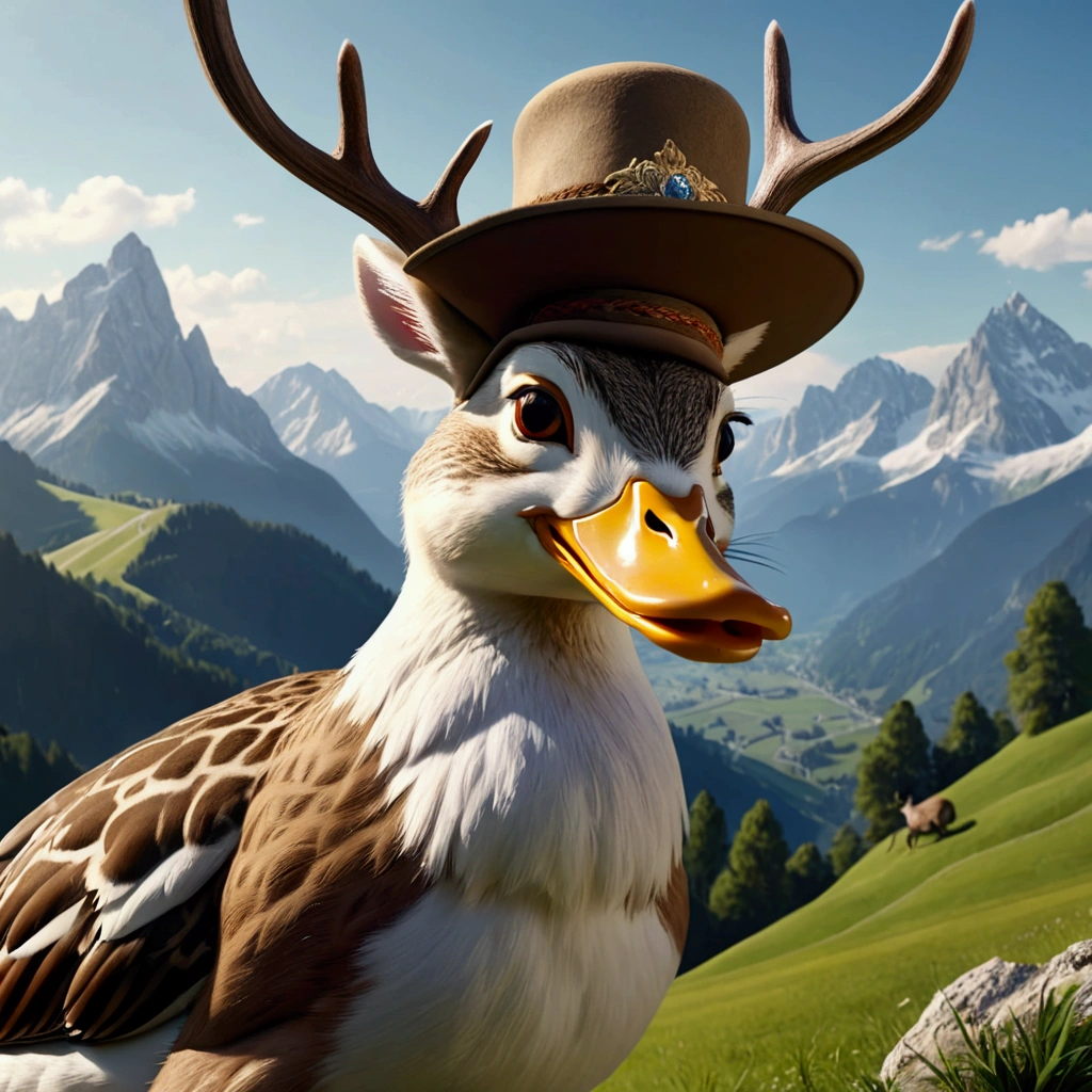A detailed, hyperrealistic 4K of a Bavarian Wilpertinger from a duck, A rabbit, and a deer, with Tyrolean hat, with sharp edges, in a mountain landscape in the background