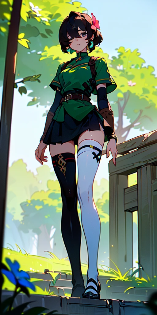(((masterpiece, best quality, High Resolutions, 1girl, Hair over one eye, jewely, single thighhigh, asymmetrical legwear, black thighs, beltt, short miniskirt, Standing, outdoor, Featured, Flower ))), (link:1.5), legend of zelda, GS-womanly