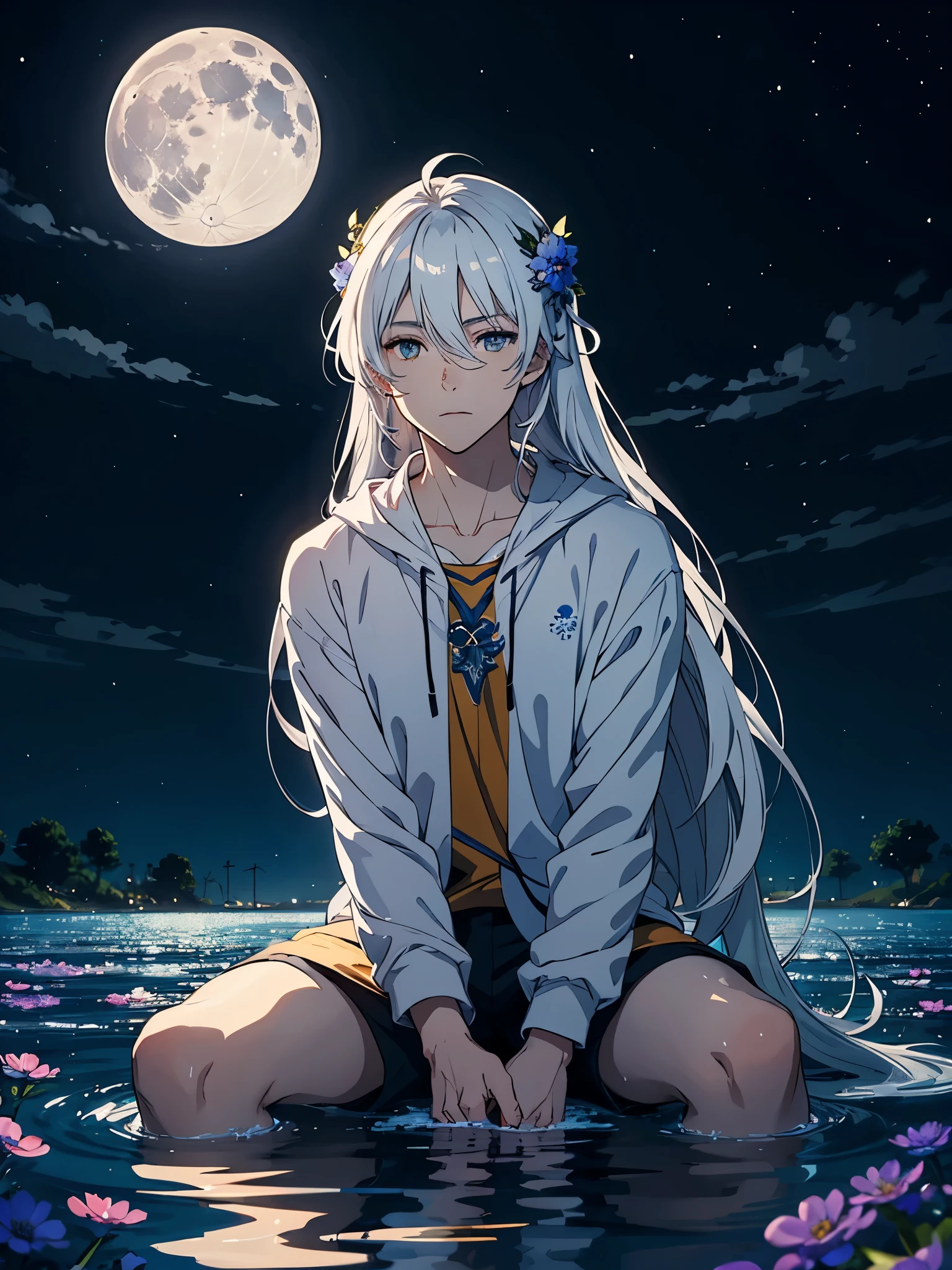 Lights. More anime. light blue light. Bright bright light. magical. Moon. Sitting on a big white wolf. Lightening flowers. More anime. male. Blue flowers. Long hair. long white hair. aquatic, boy, God of the Moon, silver hair accessories, White hair.