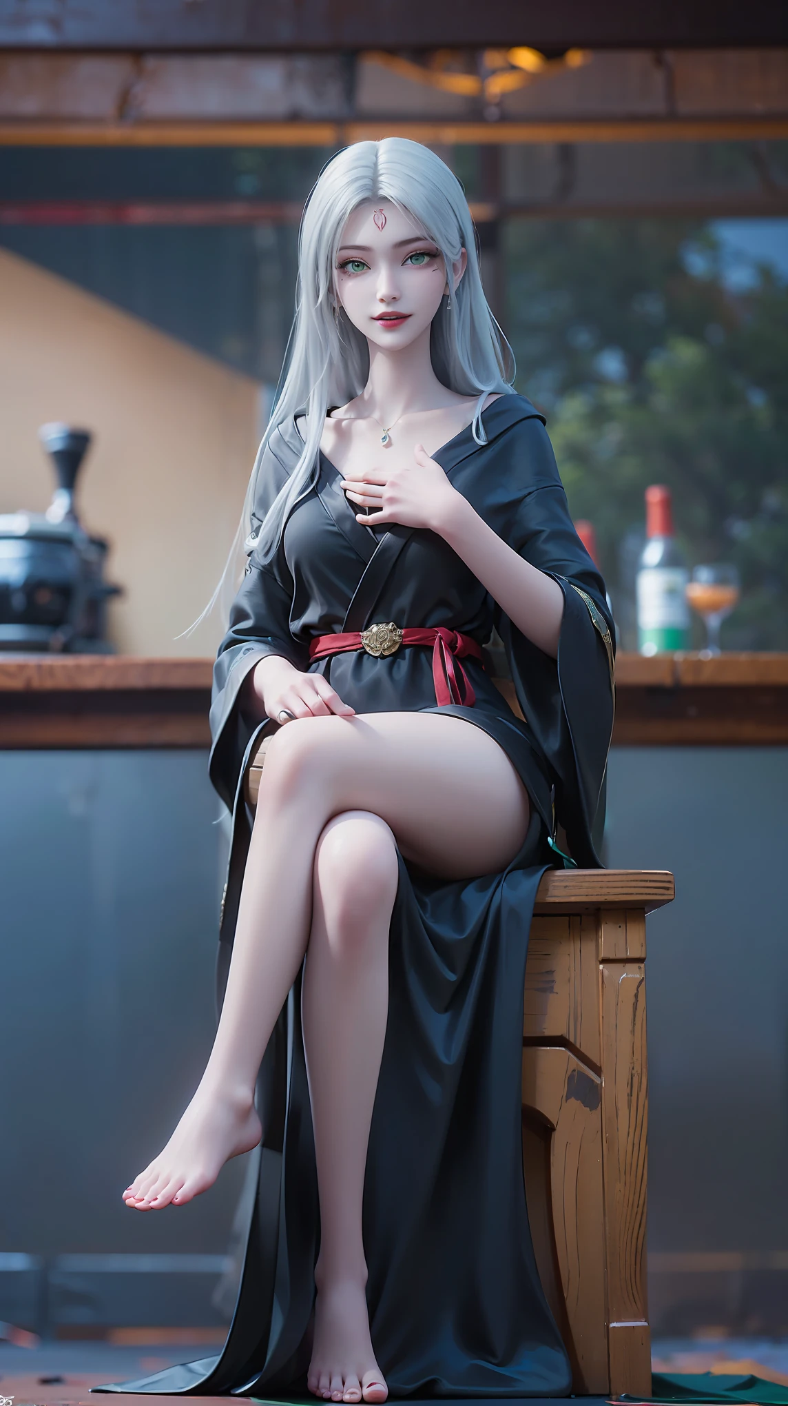 ((Shot in the knee)), ((From below)),A young girl, Wearing a skirt,At the bar, sit on the chair, Cross your legs, Posing elegantly, Detailed scenario, Messy long hair, Blush Blush, Beautiful slender legs, (Very high color saturation), details, Ultra Detailed, (masterpiece, Best quality), (Extremely exquisite and beautiful work), Delicate earrings, Exquisite necklace, Simple blur background, Extremely detailed description, Super Fine, Delicate face, slim body, Thin waist, (Grin), (Anatomically correct),whole body,barefoot,(((White long hair))),(((Green eyes)),((Black robe)),((Place one hand on your chest))