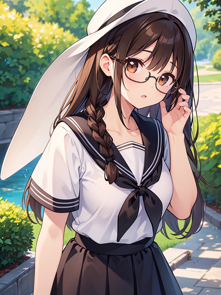 1 Female、Brown hair、Brown Eyes、Best Quality、Super detailed、8 Resolution、Raw photo、Mastepiece、Perfect Body、high resolution、Highest quality、Detailed drawing、Vibrant colors、lure、Black-rimmed glasses、Captivating breasts、Braid、Sailor suit