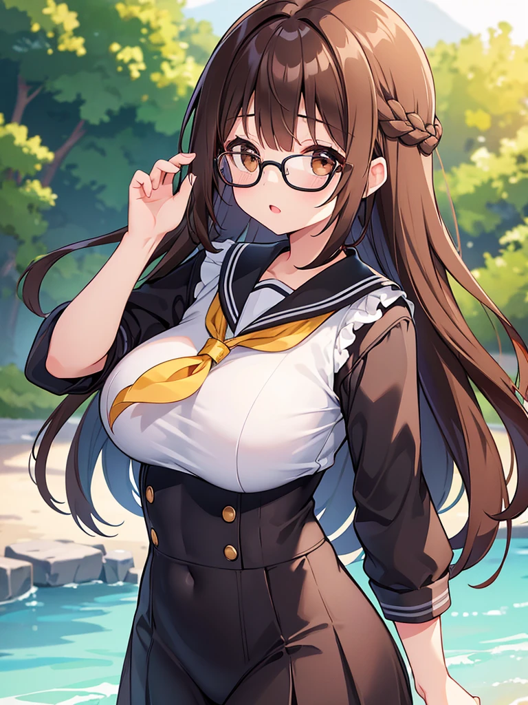 1 Female、Brown hair、Brown Eyes、Best Quality、Super detailed、8 Resolution、Raw photo、Mastepiece、Perfect Body、high resolution、Highest quality、Detailed drawing、Vibrant colors、lure、Black-rimmed glasses、Captivating breasts、Braid、Sailor suit