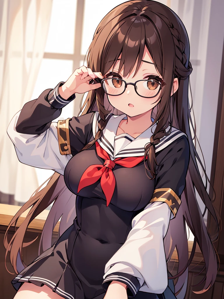 A nerdy girl with glasses, long brown hair and brown eyes. Who wears a white uniform that is tight around her big and enormous breasts and a short skirt that barely covers her thick thighs. She looks down as she adjusts her glasses and has a slight blush on her cheeks. She's in a class.