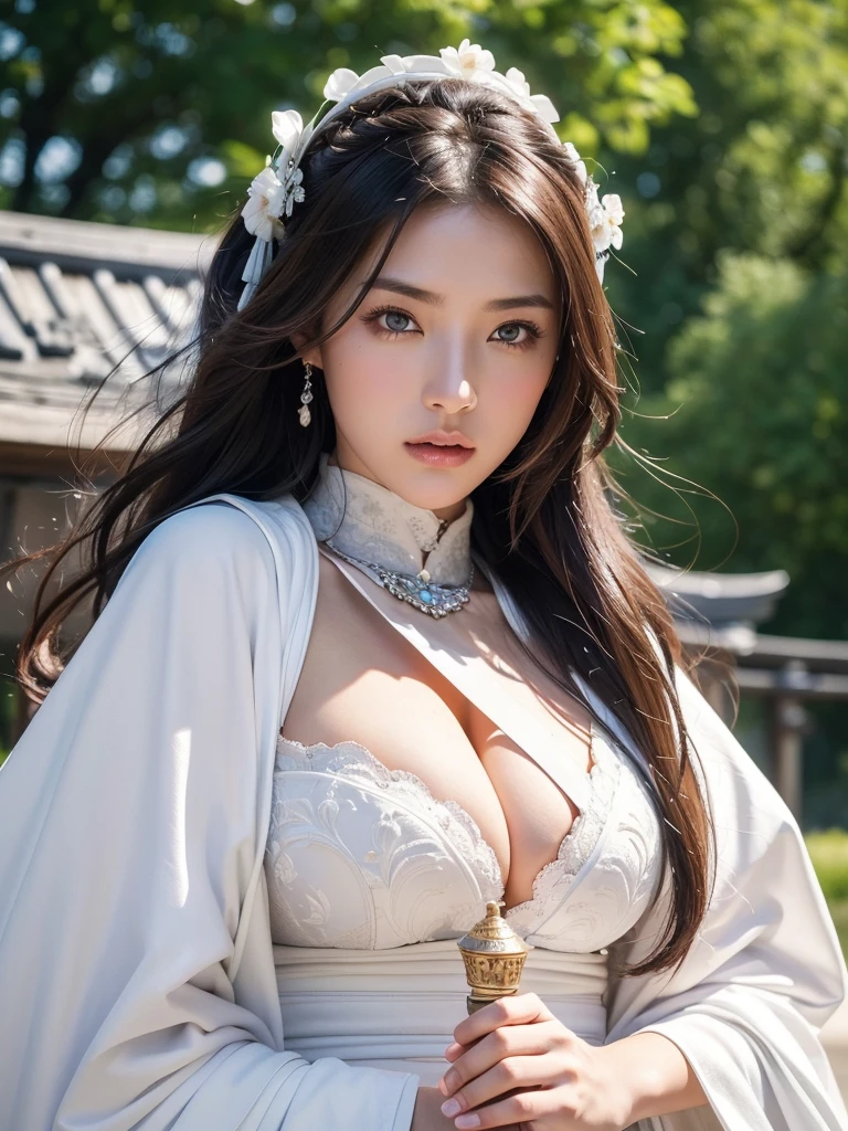 ((8K, Highest quality:1.2))、((masterpiece)), Beautiful woman, (Attractive Asian Model:1.0)、(((Japanese Armor)))、(((White robes)))、(((Armor from the Warring States Period))), (((Holding the Japan sword)))、((Samurai with a sword))、((White Armor))、((Images of Japan))、((Background Japan castle))、(Strong muscular body), (Light brown hair),(((Maid)))、 Braiding、Disheveled Hair、feet, (High fantasy battlefield environment), High resolution, (Skin Texture:1.1), Highest quality, 超High resolution, (Realistic: 1.4), RAW Photos, By Ellen von Unwerth, Nikon D850 film stock photos, F1.6 Lenses, Rich colors, Bokeh, Sharp focus, Realistic, Cinestill 800, Backlight, Rim Light, Strong sunlight, Realistic, Realistic Shadow, 3d, (Castle Background:1.2),Hair blowing in the wind、Upper Body、 (Leather Handbags),Combat Accessories,breastplate、、Voluminous lips、((Big Breasts))、((Huge breasts))、((Perfect Face))、Big eyes、Delicate eyes、((Looking into the camera))、belt、Armor with intricate patterns、((whole body))、Delicate hands、boost mood、Are standing、