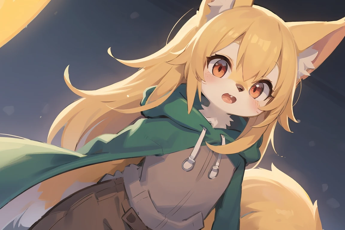 flat color, shota the fox, , was hairy, shaggy, skin fur, smooth lashes, golden fur, forelimb hands, straight long blonde hair, solid circle eyes, golden ears, golden fur, golden facial fur, shiny hair, red eyes, super cute face, 1fox tail, fluffy tail, furry tail, glowing eyes, green coat green hood down, brown trousers, open mouth, ambient light, ultra-fine fur, dashed eyes, masterpiece, high quality, high-details, best quality, (solo)