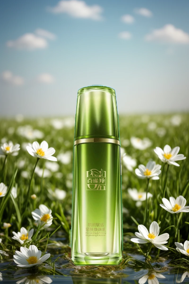 masterpiece, best quality, cinematic photo of masterpiece，Best quality，Green grass background，There is a field of white flowers，A bottle of perfume is placed in the water，Scenes in spring, photograph, film, highres