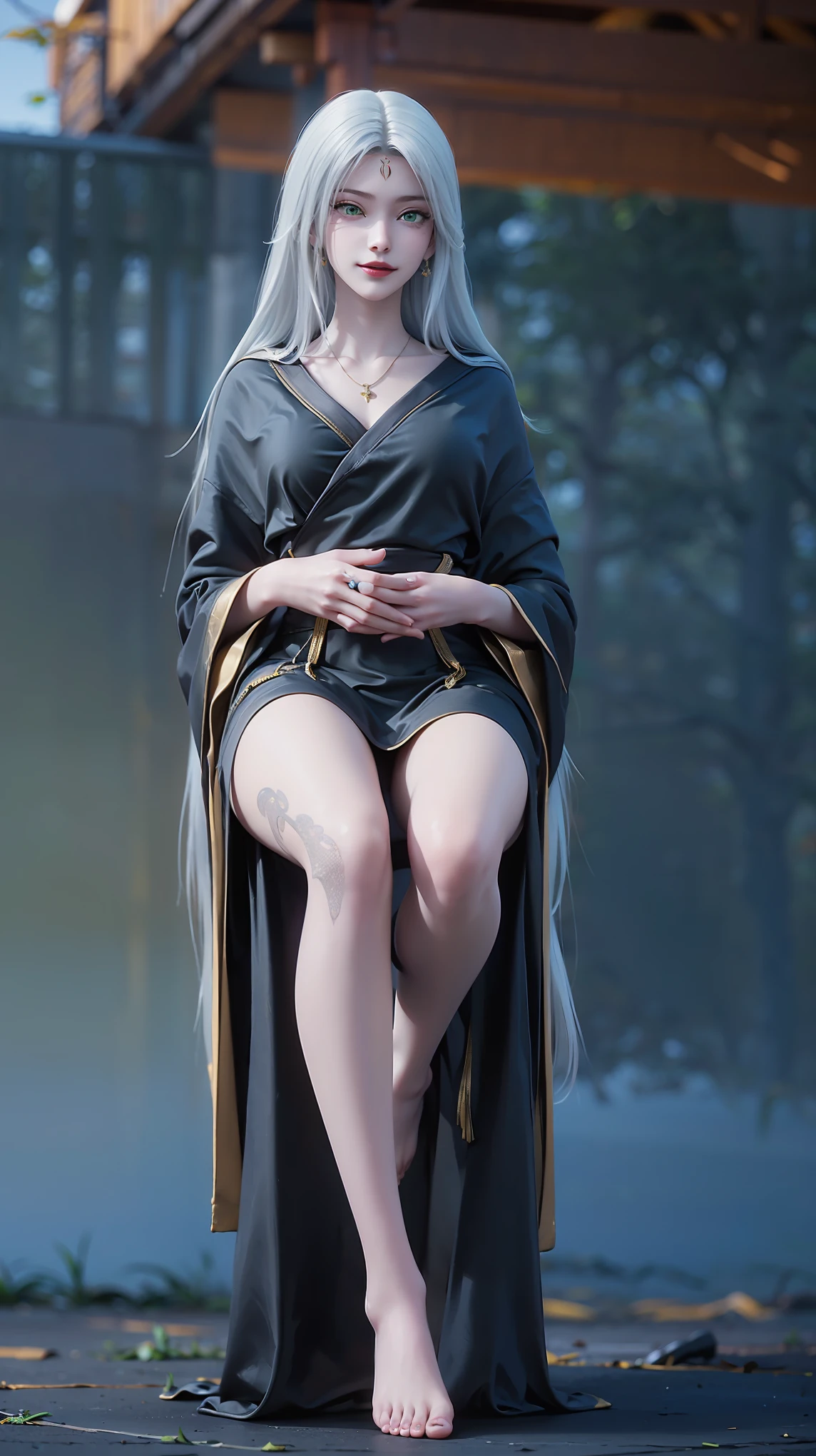 ((Shot in the knee)), ((From below)),A young girl, Wearing a skirt,At the bar, sit on the chair, Cross your legs, Posing elegantly, Detailed scenario, Messy long hair, Blush Blush, Beautiful slender legs, (Very high color saturation), details, Ultra Detailed, (masterpiece, Best quality), (Extremely exquisite and beautiful work), Delicate earrings, Exquisite necklace, Simple blur background, Extremely detailed description, Super Fine, Delicate face, slim body, Thin waist, (Grin), (Anatomically correct),whole body,barefoot,(((White long hair))),(((Green eyes)),((Black robe)),((Place one hand on your chest))