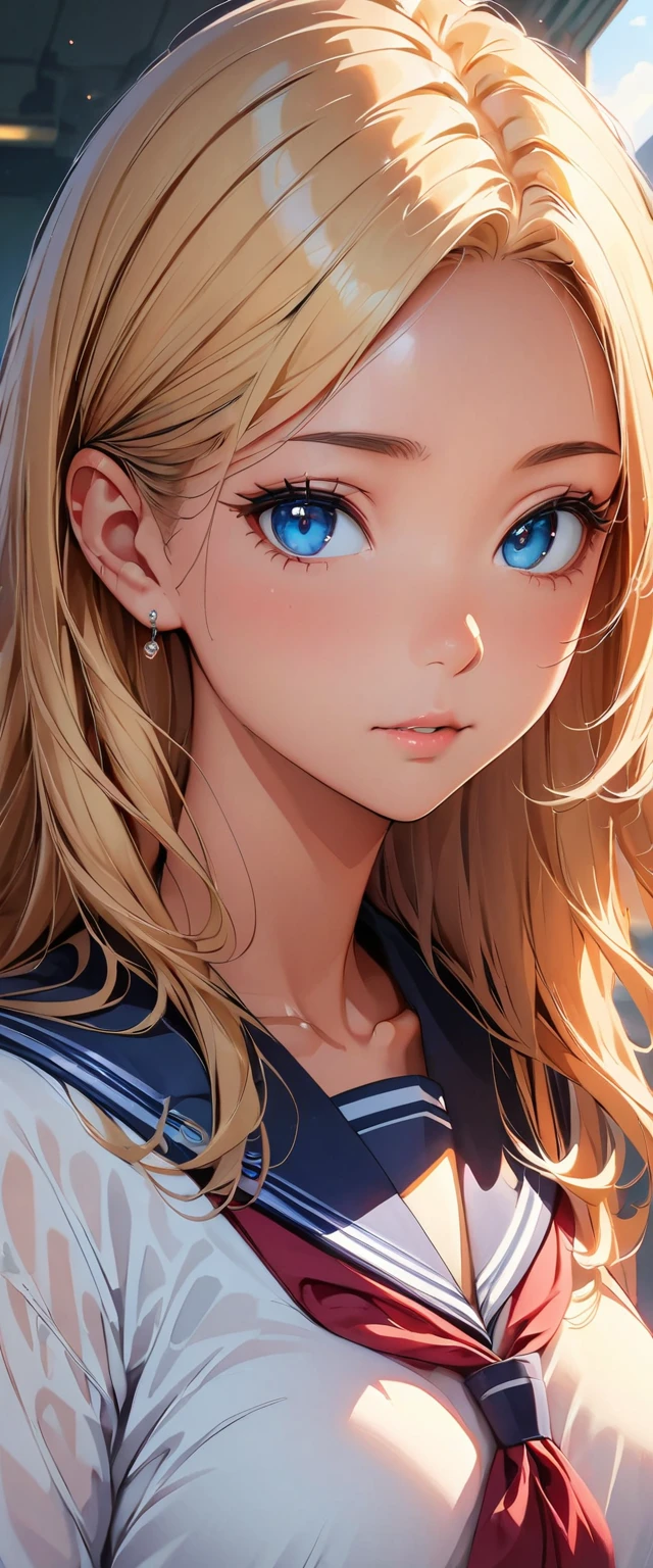 concept:Beautiful woman portrait。 quality:(highest quality, 4K, High resolution, masterpiece:1.2), Super detailed, (anime style, photorealistic:1.37), lighting effects:strong contrast, Bright colors and mesmerizing effects, Soft and delicate lighting, gentle shine, Subject information:alone, ((woman)), (round eyes), (small face), (high detail skin:1.2), long eyelashes, glossy lips, (bionde, long straight hair, blue eyes), (slim body shape), Highly detailed face and skin texture, (Joyful), (sailor suit), droopy eyes, Staring eyes, seductive thighs, diagonally, looking at the camera, Arms behind the head, Other details:cowboy shot, school classroom:1.5, beautiful skin, shiny skin, perfect fingers, five fingers, anatomically correct, background bokeh, 50㎜, f/1.2, photo shoot,