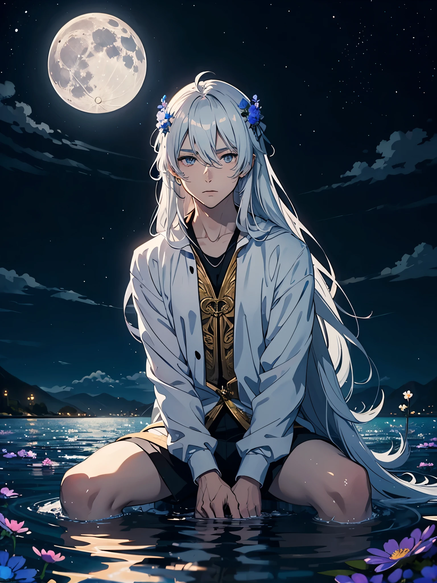 Lights. More anime. light blue light. Bright bright light. magical. Moon. Sitting on a big white wolf. Lightening flowers. More anime. male. Blue flowers. Long hair. long white hair. aquatic, boy, God of the Moon, silver hair accessories, White hair.