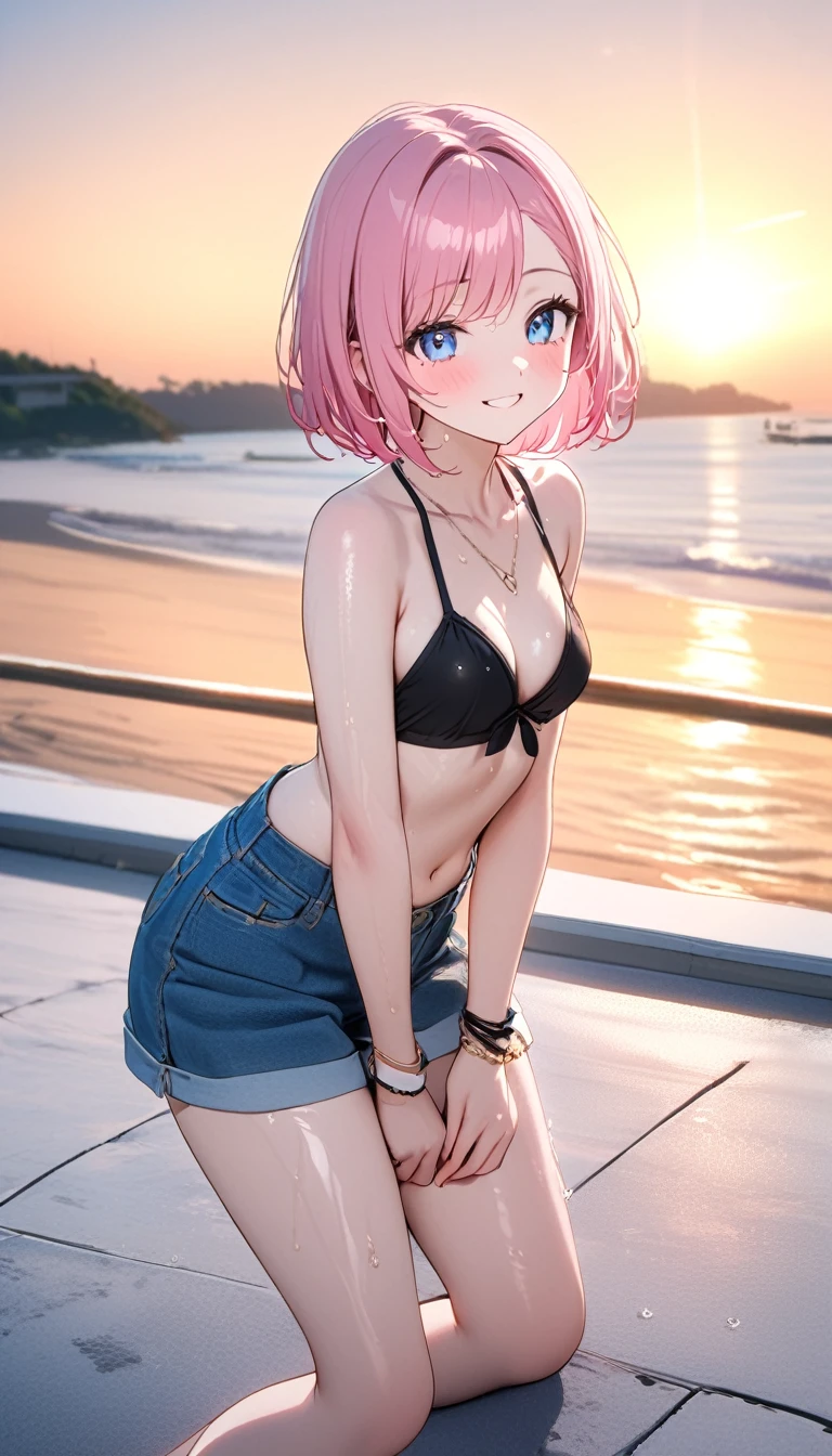 (1 girl),(Best Picture Quality, 8K, Masterpiece:1.3), (high school student:1.5), ((pink lob hair:1.1)), (bob cut),(swept bangs), (cute eyes, pupil black, iris skyblue, youthful face), (mole under right eye), (standard weight), (small breasts), (glistening skin:1.1),(pale skin:1.2),((Gyaru fashion:1.3)),(wet:1.1),((summer scene:1.2)),(magnificent view),(overlooking),(Smile).