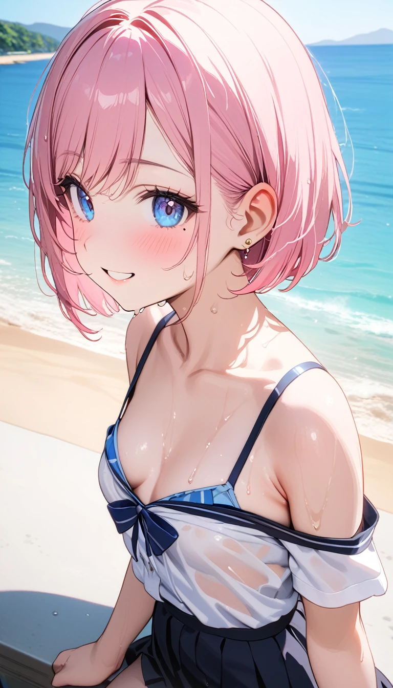 (1 girl),(Best Picture Quality, 8K, Masterpiece:1.3), (high  student:1.5), ((pink lob hair:1.1)), (bob cut),(swept bangs), (cute eyes, pupil black, iris skyblue, youthful face), (mole under right eye), (standard weight), (small breasts), (glistening skin:1.1),(pale skin:1.2),((Gyaru fashion:1.3)),(wet:1.1),((summer scene:1.2)),(magnificent view),(overlooking),(Smile).