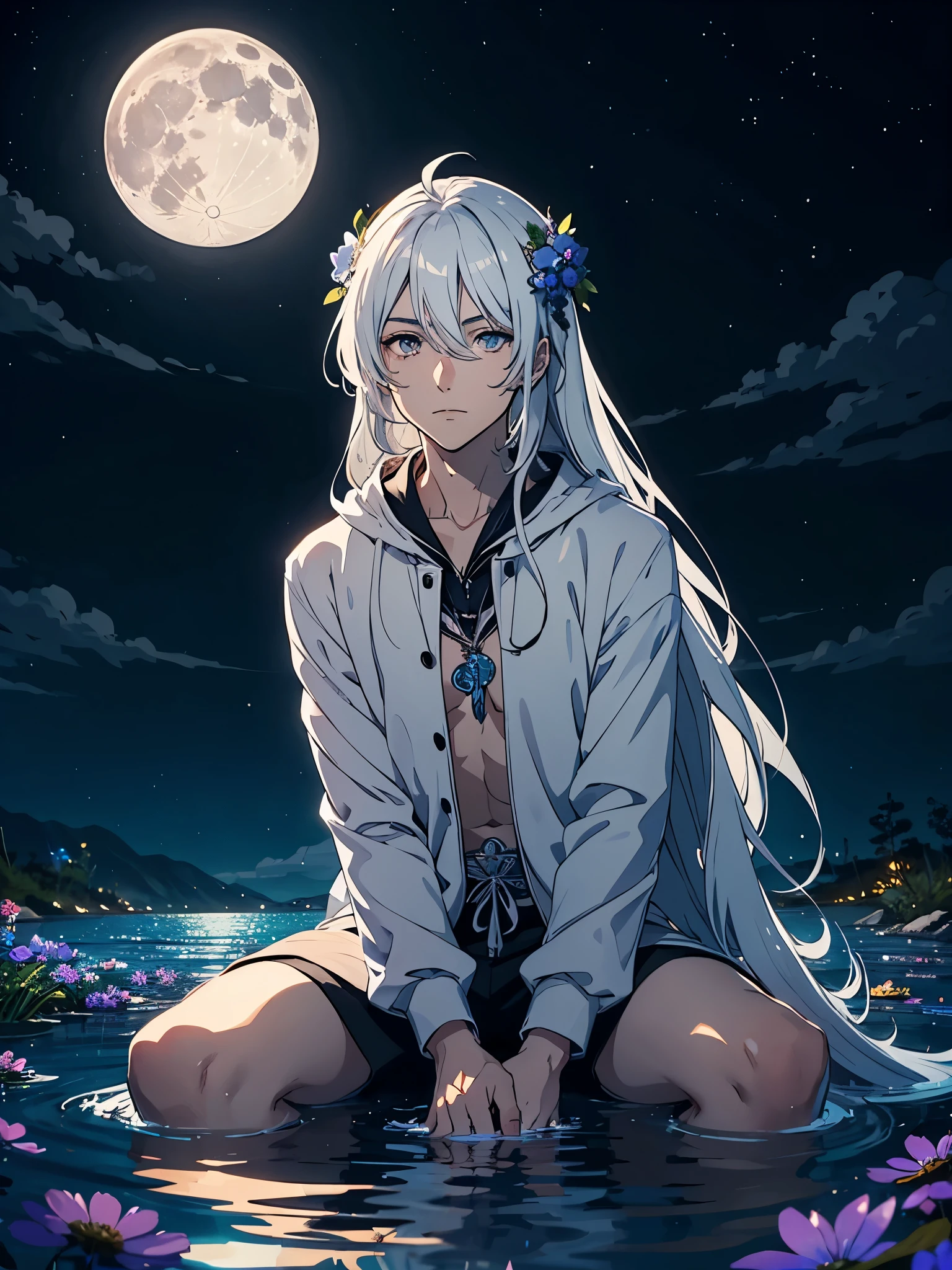 Lights. More anime. light blue light. Bright bright light. magical. Moon. Sitting on a big white wolf. Lightening flowers. More anime. male. Blue flowers. Long hair. long white hair. aquatic, boy, God of the Moon, silver hair accessories, White hair.