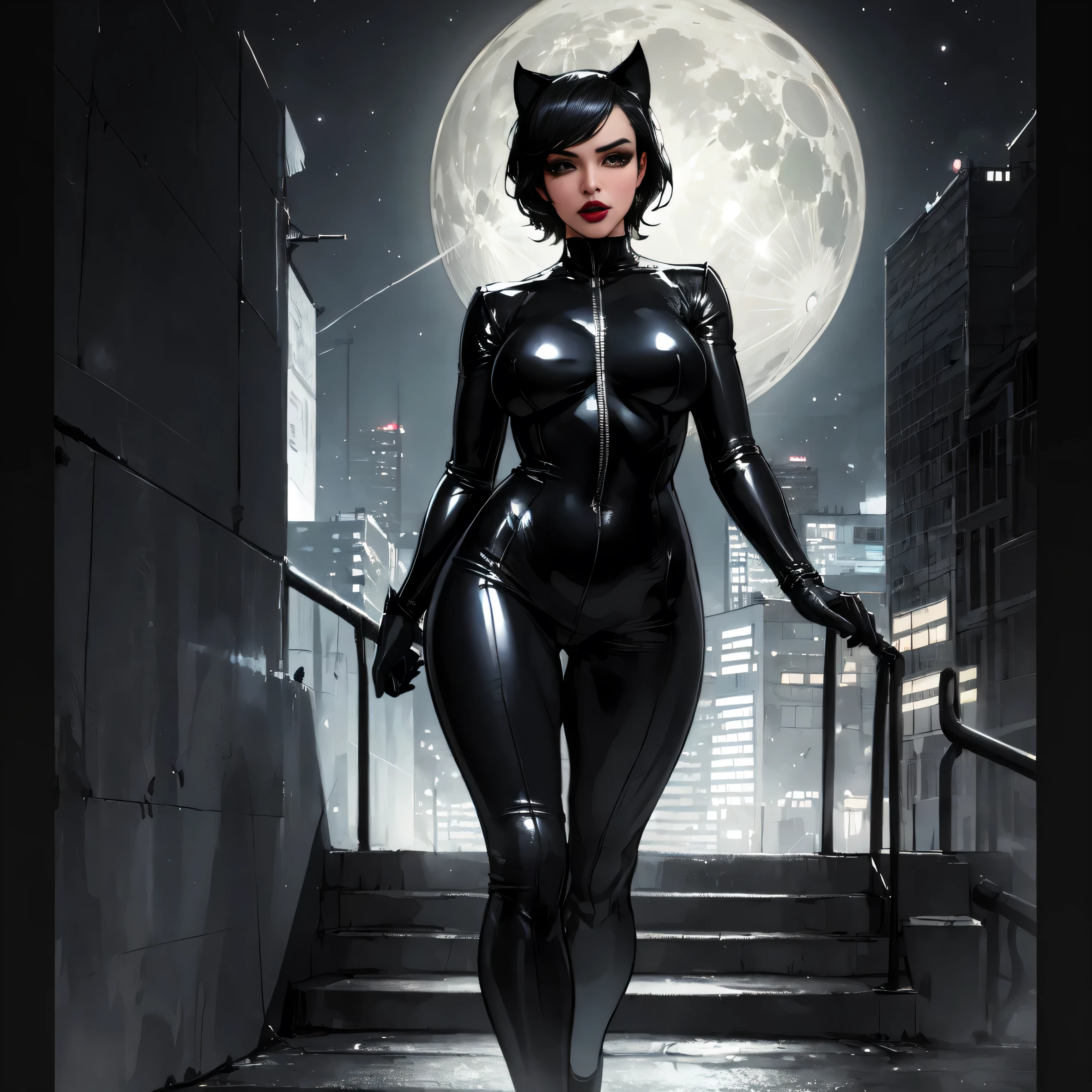 1girl, (solo), thighs, looking at viewer, Look directly, catwoman, catwoman, suit, short black hair, tight bodysuit, lipstick, covered legs, city, (night), white moon, (very sexy body, detailed face, masterpiece, highly detailed, 8k, best quality, vibrant colors, digital art, concept art)