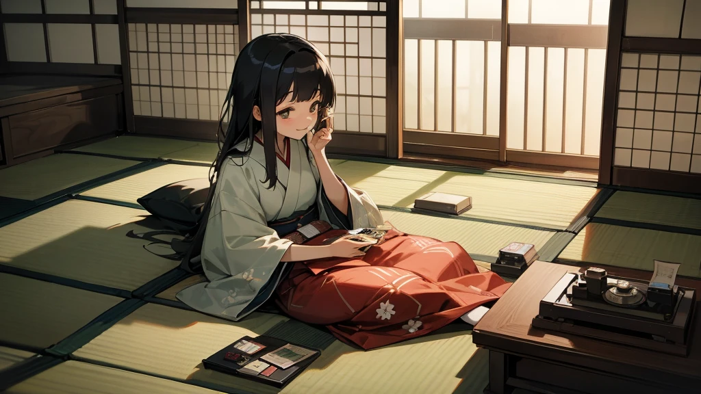 Very beautiful 18 year old Japanese woman, holding old cassette tape, cassette tape facing front, woman looks very happy,country tatami room