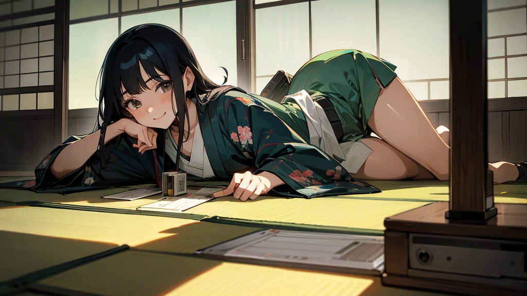 Very beautiful 18 year old Japanese woman, holding old cassette tape, cassette tape facing front, woman looks very happy,country tatami room