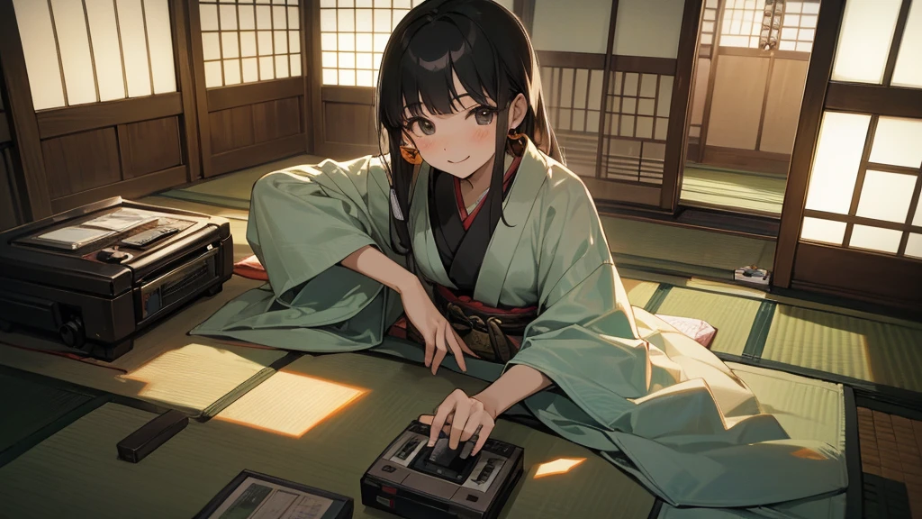 Very beautiful 18 year old Japanese woman, holding old cassette tape, cassette tape facing front, woman looks very happy,country tatami room