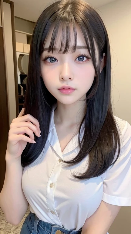 Unparalleled beauty, Shiny、Tightened、Glowing Skin, Bangs between the eyes, Shiny真っ直ぐな美しいプラチナブロンド, Super long straight silky hair, eyeliner, Sexy, beautiful and pure 14 year old, High resolution big beautiful bright blue eyes, beautiful and adorable girl, Baby Face, Short sleeve shirt