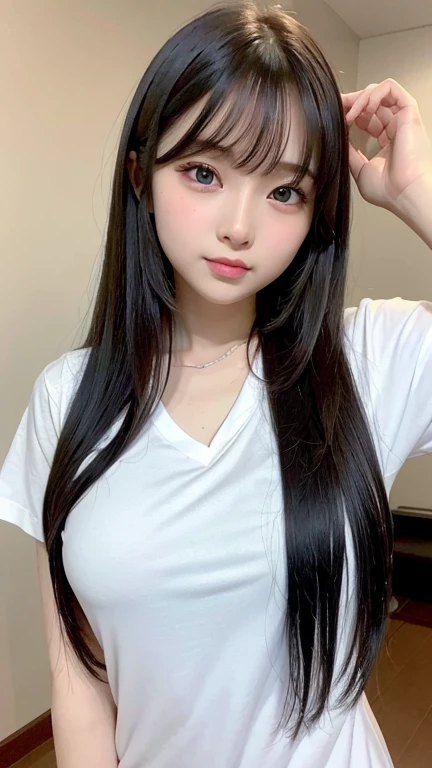 Unparalleled beauty, Shiny、Tightened、Glowing Skin, Bangs between the eyes, Shiny真っ直ぐな美しいプラチナブロンド, Super long straight silky hair, eyeliner, Sexy, beautiful and pure 14 year old, High resolution big beautiful bright blue eyes, beautiful and adorable girl, Baby Face, Short sleeve shirt