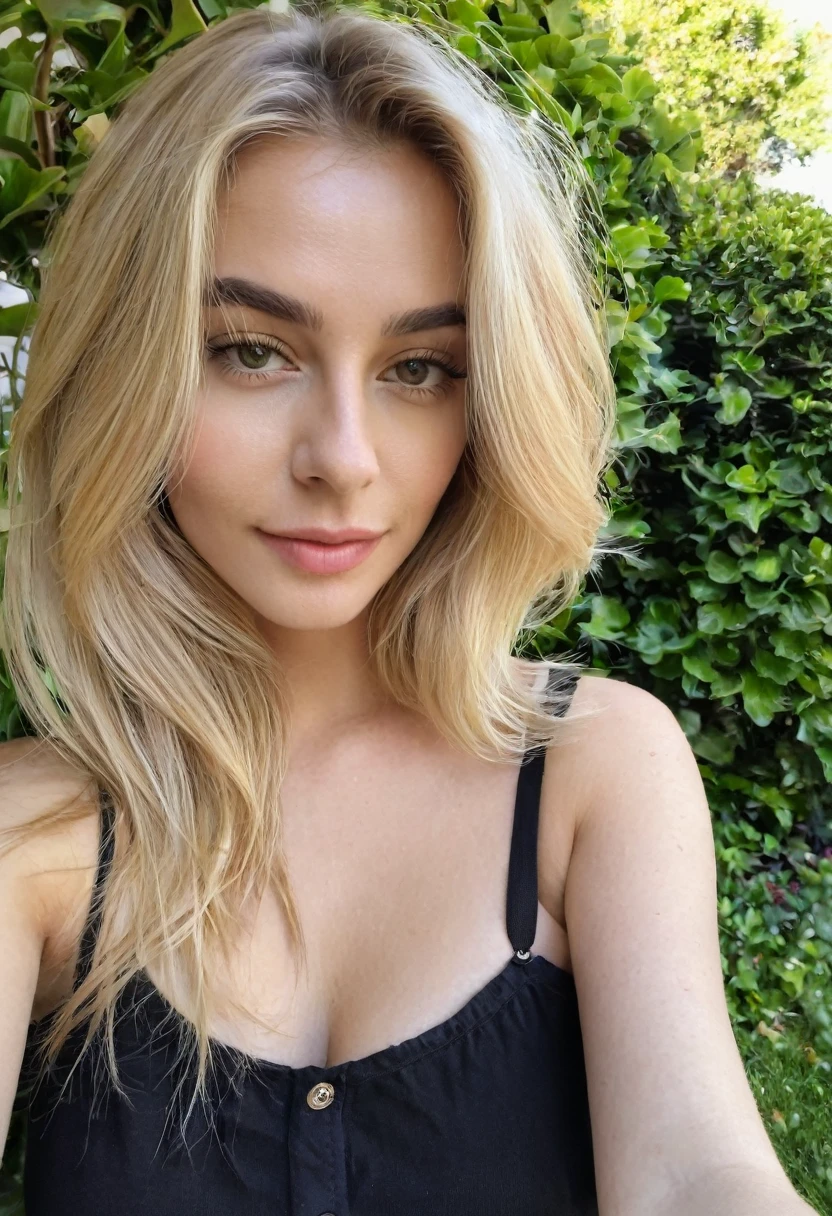 Une femme blonde de 23 ans, ((gros seins)), ((hyperréalisme)) ,. cheveux blonds avec des racines châtain clair. cheveux blond, Cheveux aux racines brunes, cheveux très longs, cheveux très longs, cheveux très longs, Beau, vue de face, selfie, photo prise avec iPhone, chemise noire élégante avec escote, Coupe-bas, selfie dans le jardin, haute qualité, selfie iPhone, Vêtu d'un haut Fang noir et d'un short de basket et d'un panier noir