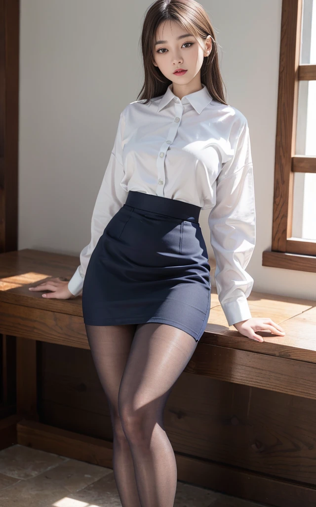 nsfw, (masterpiece), (realistic), (Highly detailed 8k), strong photo studio lighting, in the night, sitting on the bed, total body, a 20 years old gravure girl, light brown hair, brown eyes, slender, slender arms, big breasts, BREAK (white and gray theme:1.3), (wearing a white collared-shirt:1.4), BREAK (tight dark navy pencil skirt:1.5), (sheer dark navy pantyhose:1.3), opened legs, no bra, no pan, pubic hair, pointy breasts, erected nipples, (sow off pussy),
