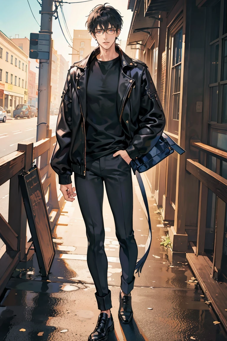 anime - (masterpiece), best quality, seductive eyes, perfect face, handsome man, short messy black hair, long nose, tan brown skin, plain black t-shirt, black leather jacket, black pants, silver watch, black glasses, extremely tall man, long legs, long calves, full body, tall man, long legs, anime cover, 1boy, ear piercings, hands in pockets, adult-like look, bad boy