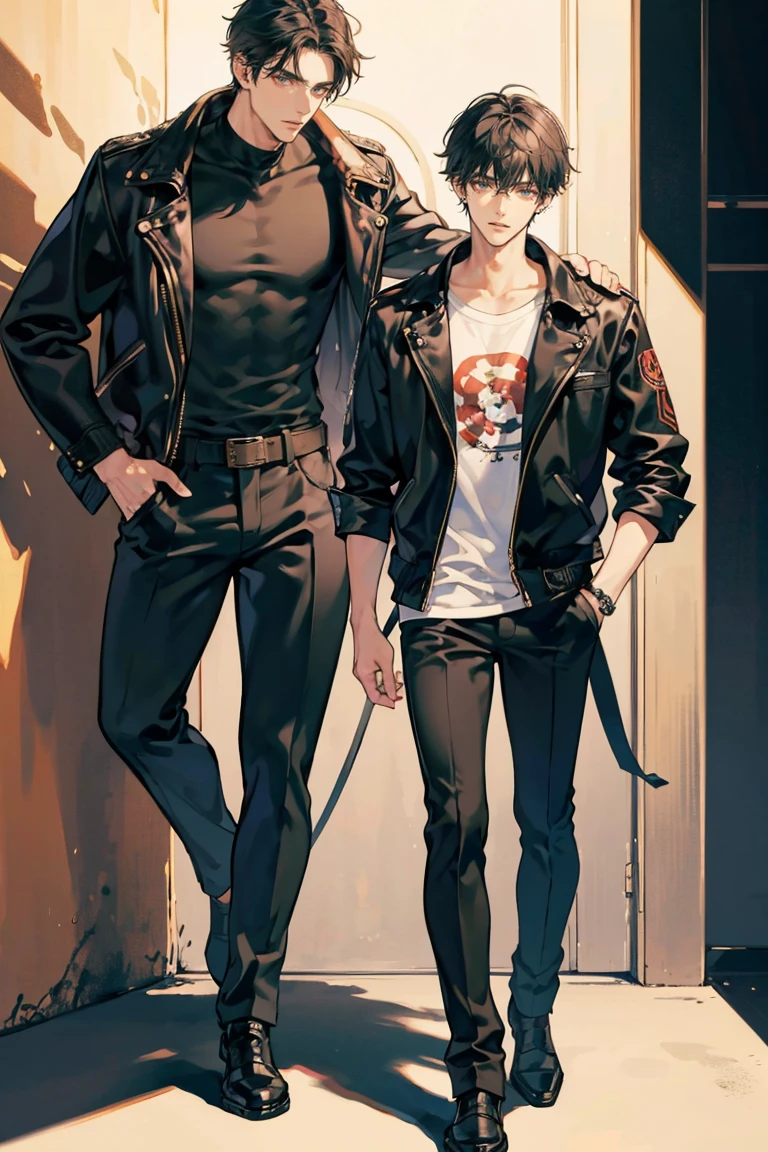 anime - (masterpiece), best quality, seductive eyes, perfect face, handsome man, short messy black hair, long nose, tan brown skin, plain black t-shirt, black leather jacket, black pants, silver watch, black glasses, extremely tall man, long legs, long calves, full body, tall man, long legs, anime cover, 1boy, ear piercings, hands in pockets, adult-like look, bad boy