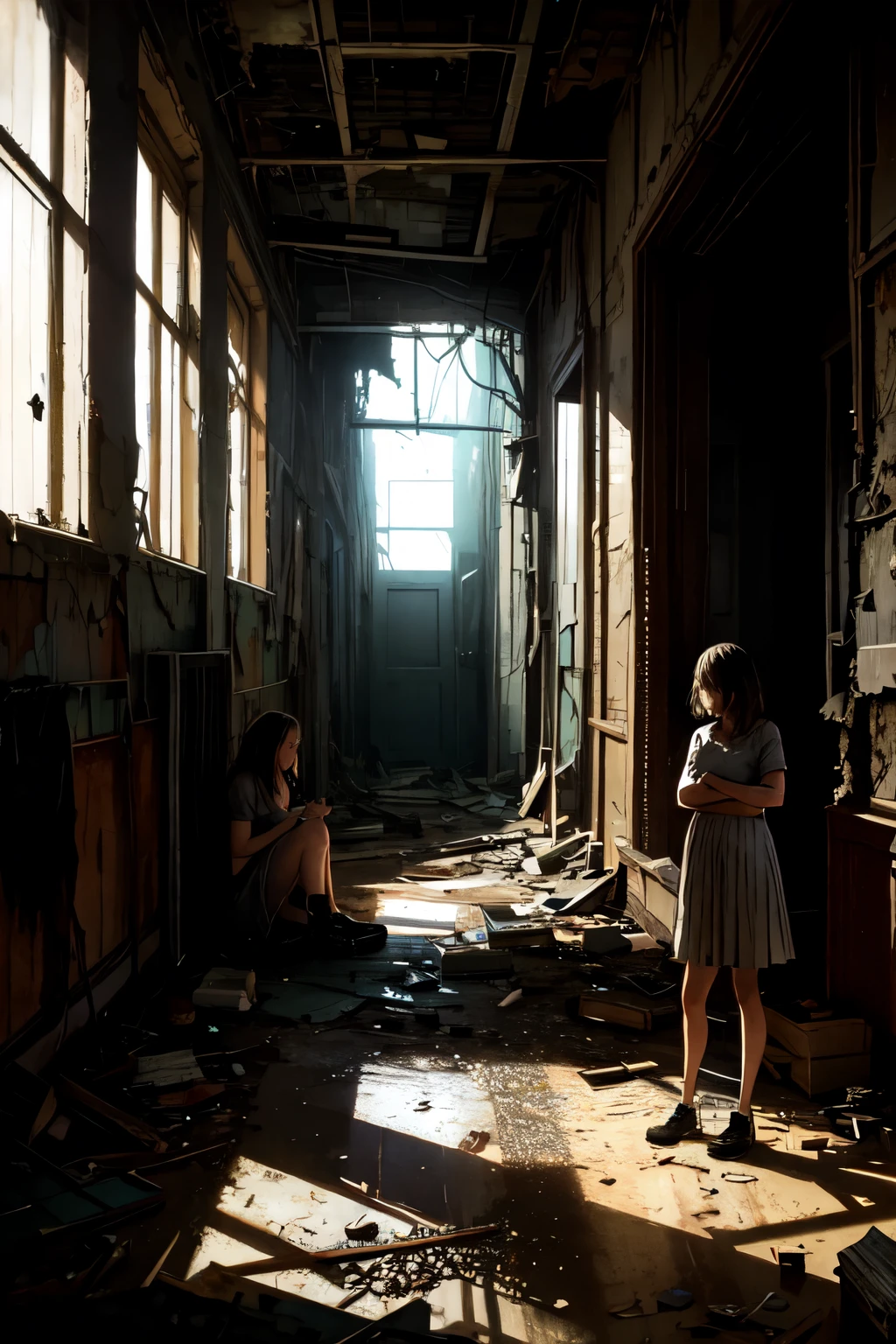 three girls,  ruin seekers, exploring abandoned buildings, detailed interior with debris and broken windows, dark and gritty atmosphere, cinematic lighting, moody colors, ray of light, dust motes, dramatic shadows, realistic textures, worn surfaces, crumbling architecture, sense of isolation and decay, high quality, photorealistic, cinematic style