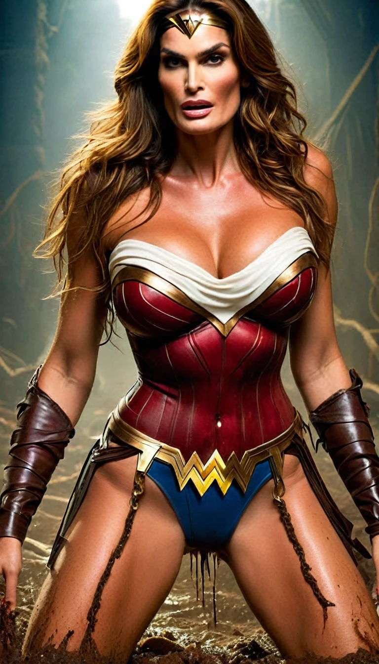 nsfw, hardcore tragic scene, horror scene, incredible stunningly beautiful Cindy Crawford as punishment wonderwoman, seductive, captivating, completely destroyed, completely damaged wonderwoman, perfect pronounced surrealistically ideal hourglass figure, feminine appearance, pretty mature woman, MILF, sexual large cleavages, very wide motherly hips, pronounced thigh gap, sexual strong legs, reclining in mud, deep wounds, cuts, bruises, panic, shock, frightened, fearful, distressed, moans, powerless, writhe in severe pain, agonized pain, twisted destroyed breast, ripped breast, breast cut in half, broken leg, broken arms, broken ribs, ripped hair, vagina torn apart, surreal widened hips, after brutal sex, after brutal rape, (Graphic violence, violent, guro, gore, macabre, mutilation, splatter, body horror, sadistic, snuff, gruesome, organs, scalp, broken, damaged :1.2), ((corrosive, acidic, melting, dissolving, caustic) fluids), (Ooze, slimy, sticky, goo, messy, viscous, sludge, life-fluids, nasty fluids , urine, fecals, excrements:1.2), (creepy maggots, leeches, worms and other nasty insects badly bite her), (CarnageStyle:1.36)