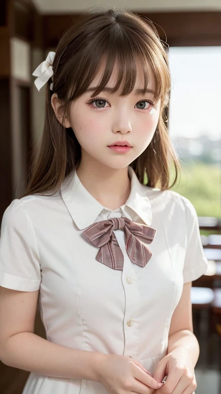 (Very delicate and beautiful: 1.2), One girl, Fashionable Girl, bangs, Cute eyes, bow, Brown Hair, Mouth closed, Landscape, Hair between the eyes, hair bow, Short sleeve, Looking at the audience, Medium Hair, alone, Upper Body, school uniform: 1.3, ((alone)), (masterpiece), blonde