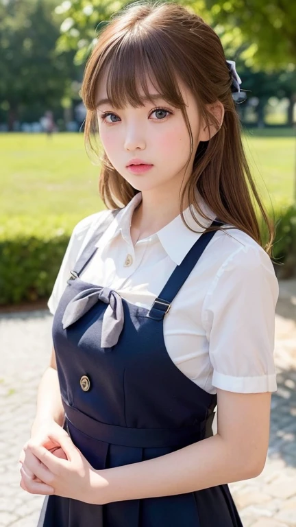 (Very delicate and beautiful: 1.2), One girl, Fashionable Girl, bangs, Cute eyes, bow, Brown Hair, Mouth closed, Landscape, Hair between the eyes, hair bow, Short sleeve, Looking at the audience, Medium Hair, alone, Upper Body, school uniform: 1.3, ((alone)), (masterpiece), blonde