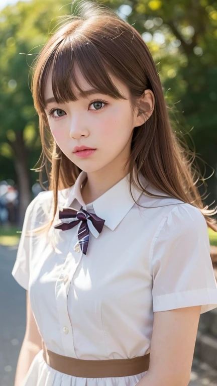 (Very delicate and beautiful: 1.2), One girl, Fashionable Girl, bangs, Cute eyes, bow, Brown Hair, Mouth closed, Landscape, Hair between the eyes, hair bow, Short sleeve, Looking at the audience, Medium Hair, alone, Upper Body, school uniform: 1.3, ((alone)), (masterpiece), blonde