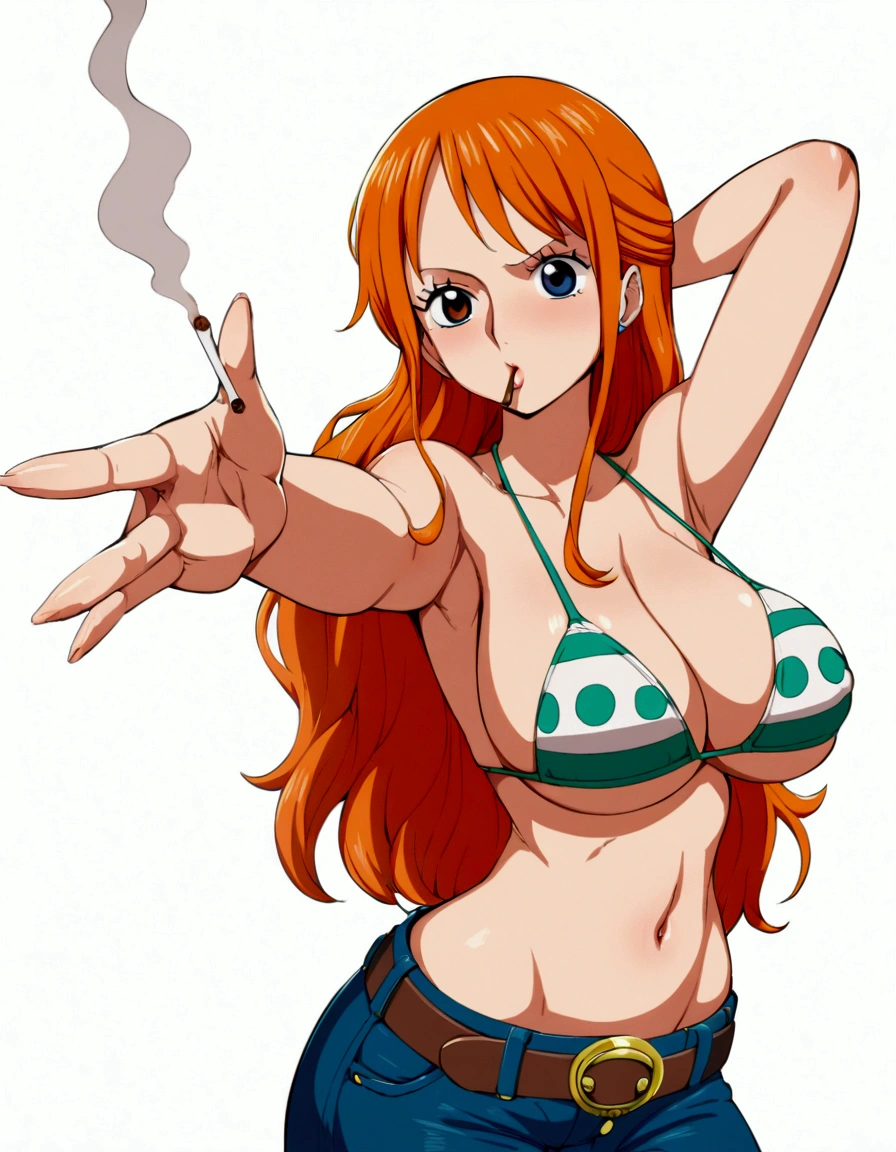 a cartoon picture of a woman in a bikini top and jeans, nami one piece, nami from one piece, nami, beautiful portrait of nami, from one piece, oppai, blue eyes, smoking, ponytail, nsfw