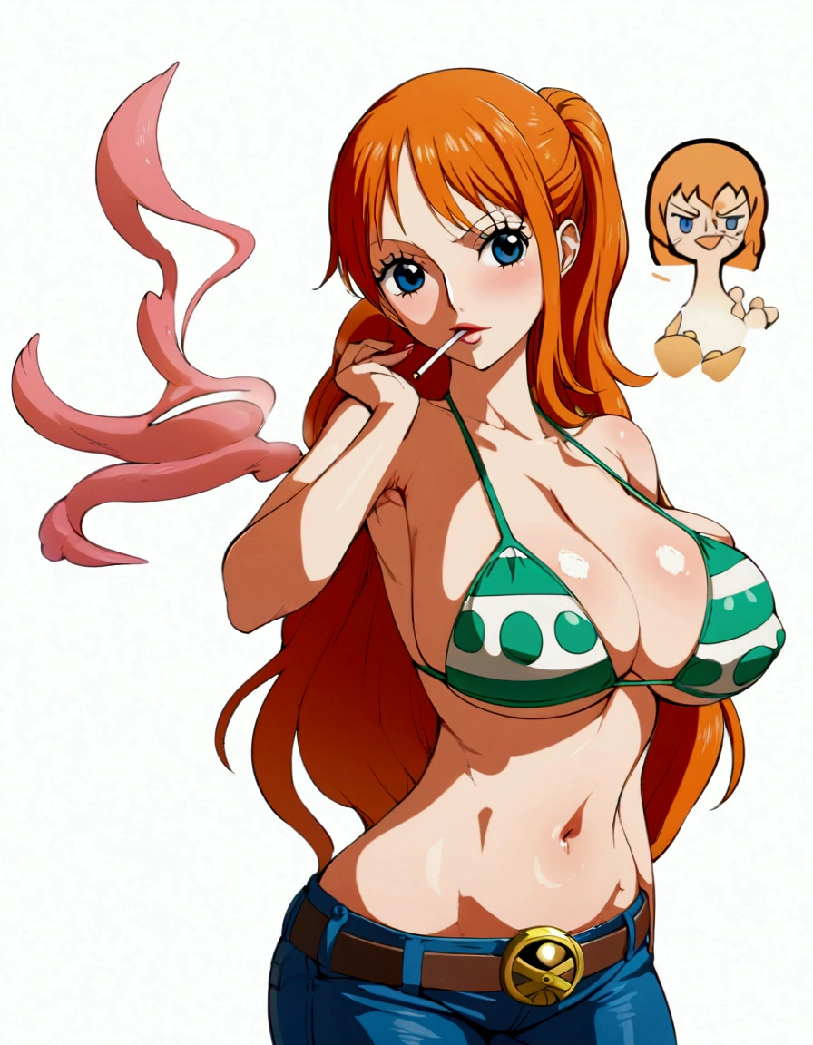 a cartoon picture of a woman in a bikini top and jeans, nami one piece, nami from one piece, nami, beautiful portrait of nami, from one piece, oppai, blue eyes, smoking, ponytail, nsfw