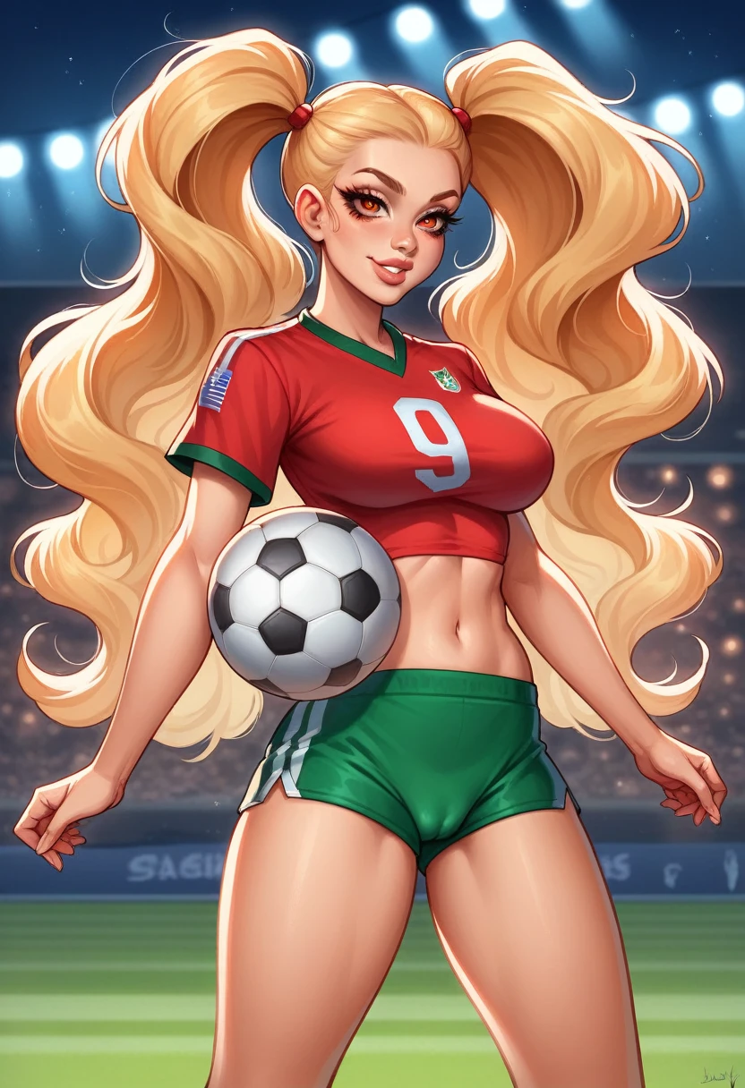 Create a masterpiece image in 4K resolution with photorealistic details. Depict Krisstalove, face with extremely detailed eyes, long eyelashes, and beautiful lips, jucy lips, big bust, camel toe, Her long, flowing hair forms a ponytail, adorned with intricate jewelry. She sports a radiant smile under the vibrant lights of a Mexican soccer stadium at night. The atmosphere is electric, with the Mexican flag and emblem prominently displayed in green, white, and red hues. Her multicolor twintails sway gently as she wears sexy shorts, exuding confidence and charm