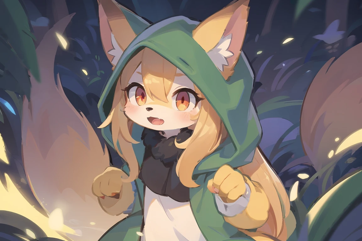 flat color, shota the fox, , was hairy, shaggy, skin fur, smooth lashes, golden fur, forelimb hands, straight long blonde hair, solid circle eyes, golden ears, golden fur, golden facial fur, shiny hair, red eyes, super cute face, 1fox tail, fluffy tail, furry tail, glowing eyes, green coat green hood down, brown trousers, open mouth, ambient light, ultra-fine fur, dashed eyes, masterpiece, high quality, high-details, best quality, (solo)