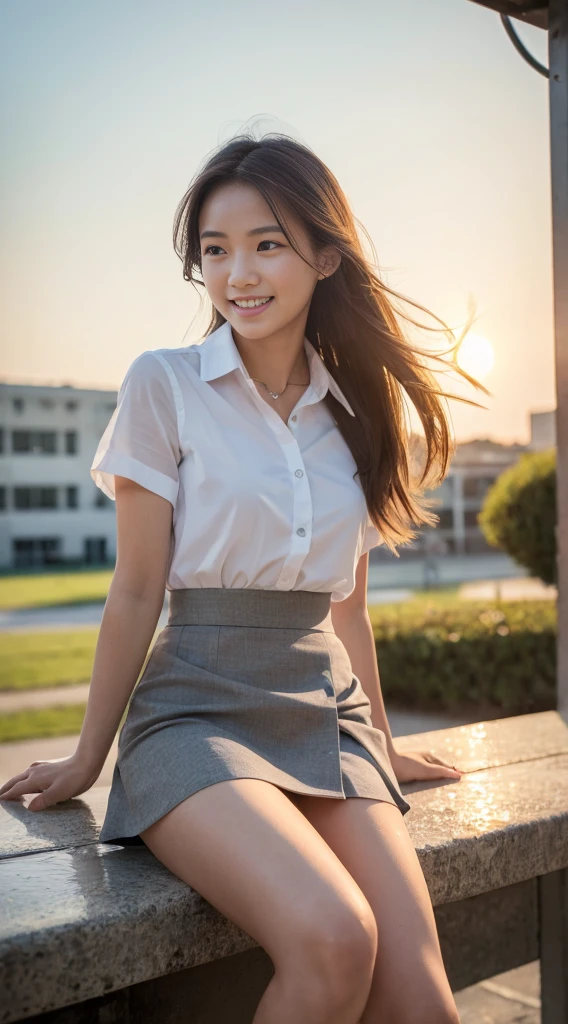 (masterpiece, Highest quality, Highest quality, Very detailed, colorful, Most detailed, Dreamy atmosphere, Bright colors, Actual photo, Real Skin. Ultra-realistic, One person, Indonesian Chinese girl, Medium Hair, A light smile, Detailed skin, Street Background, Slender body, Front view sitting on bench, ((Spread your legs)), Morning Time, Small breasts. She is wearing a white short-sleeved collared shirt, (Open shirt:1.2) Black pencil mini skirt, Showing her white silk panties, Soft front studio lighting