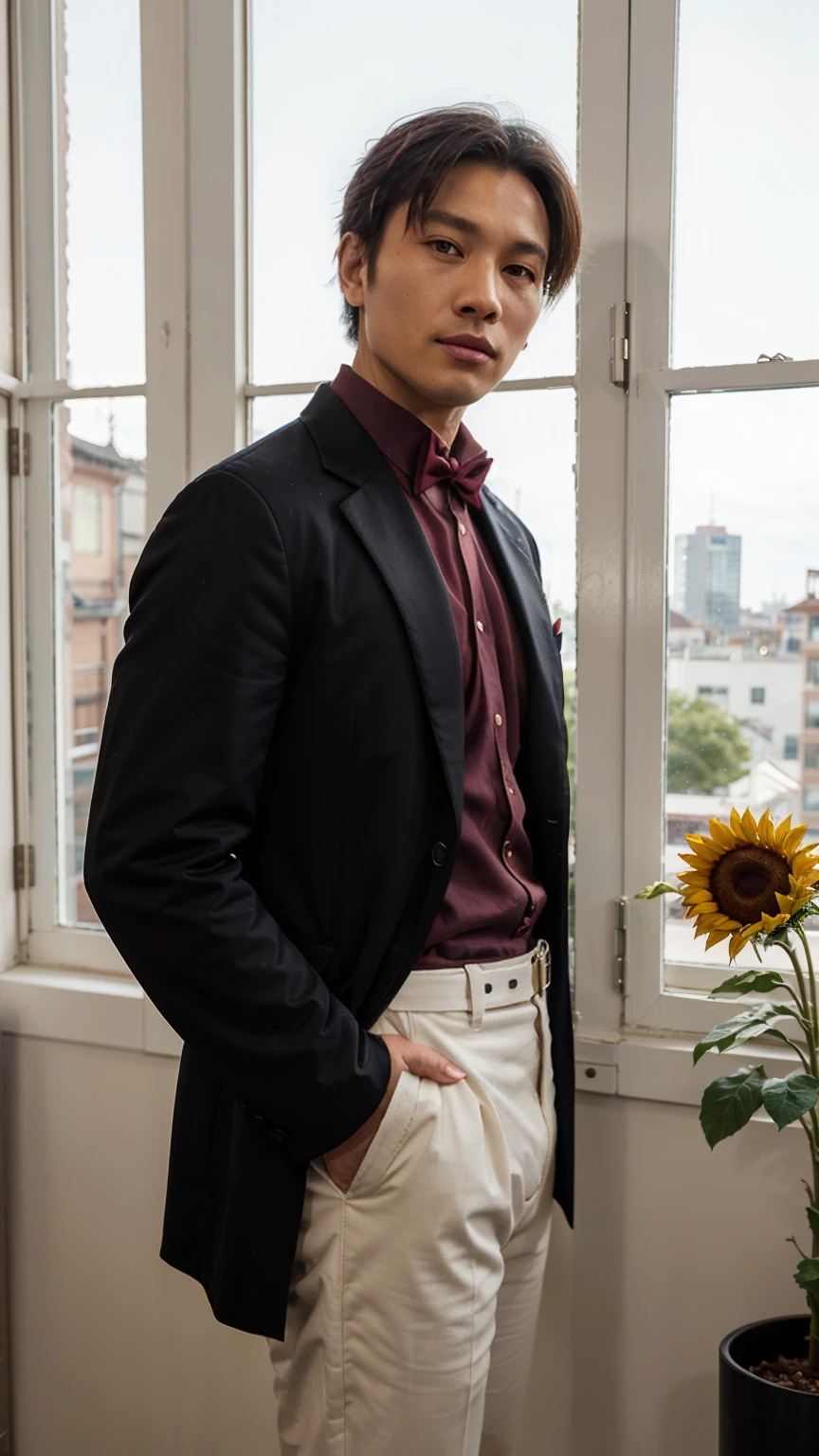 Indochine asian man wearing magenta tuxedo style vintage fashion evening long tail and oval shape tail coat suit, wearing cummerbund belt accessorie for suit, light skin, chubby anatomy body muscular, golden hour light, stand next to sunflowers vase made by glass, minimalist, minimalism, surrealism, rim light, light flare around body, style from Levi's brand style shoulder fashion, minimal, shaped oval tails, chubby body, cummerbund belt, chubby anatomy, shrimp tails coat, collar lapel black, long tail coat, shrimp tail coat