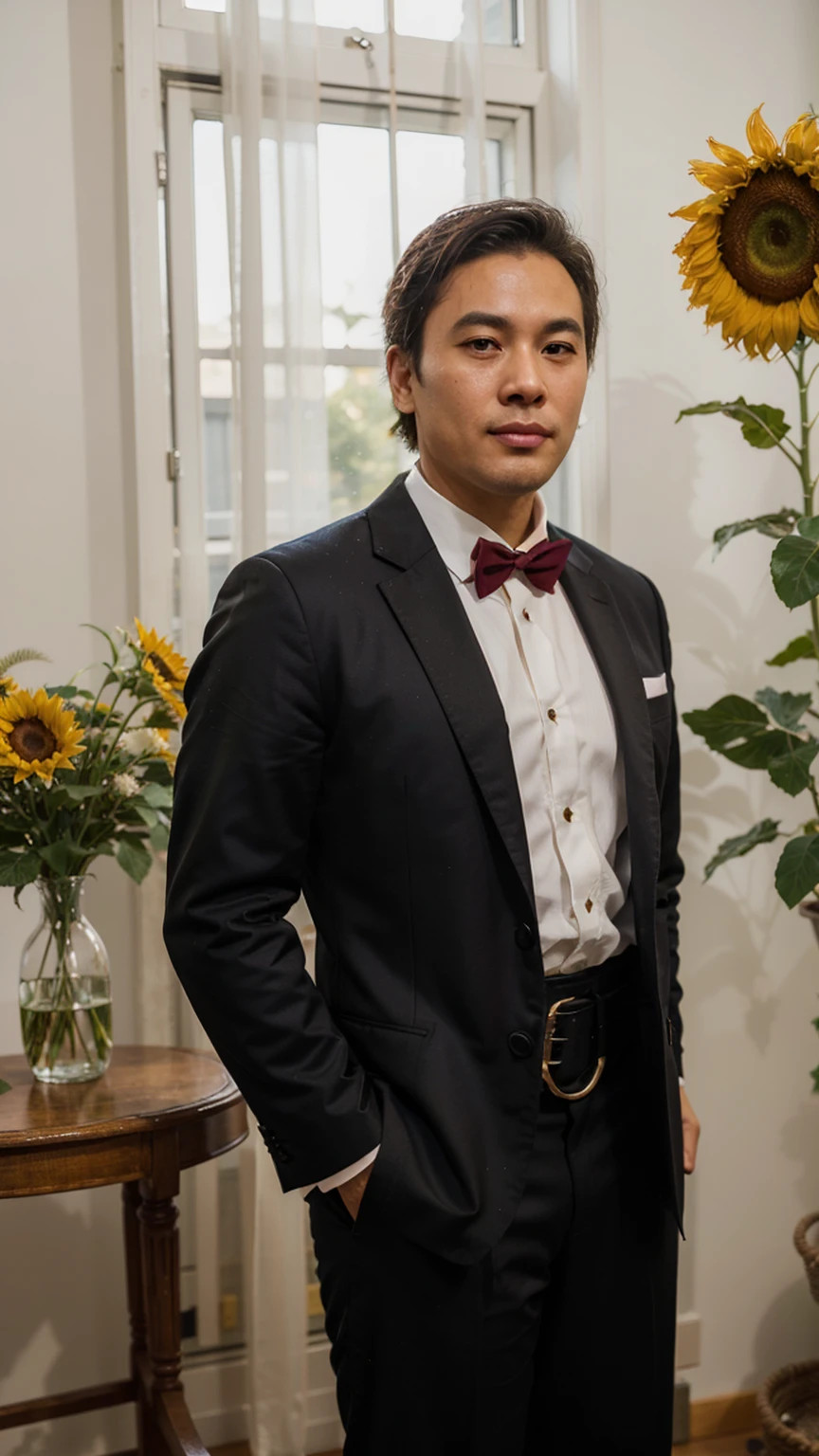 Indochine asian man wearing magenta tuxedo style vintage fashion evening long tail and oval shape tail coat suit, wearing cummerbund belt accessorie for suit, light skin, chubby anatomy body muscular, golden hour light, stand next to sunflowers vase made by glass, minimalist, minimalism, surrealism, rim light, light flare around body, style from Levi's brand style shoulder fashion, minimal, shaped oval tails, chubby body, cummerbund belt, chubby anatomy, shrimp tails coat, collar lapel black, long tail coat, shrimp tail coat 